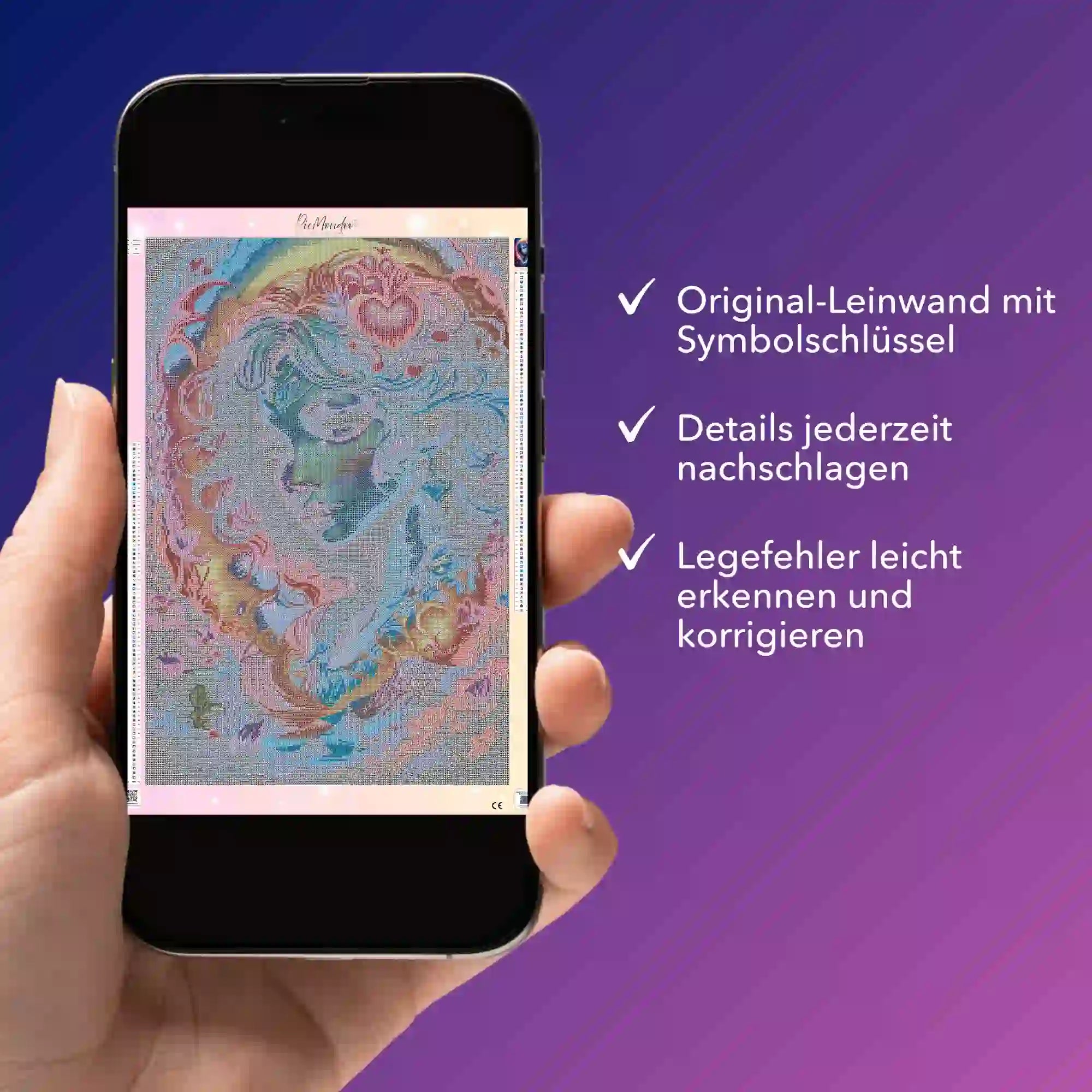 Digitale Diamond Painting Vorlage Mystic Girl auf Smartphone, ideal zum Nachschlagen der Leinwand Symbole und Details.