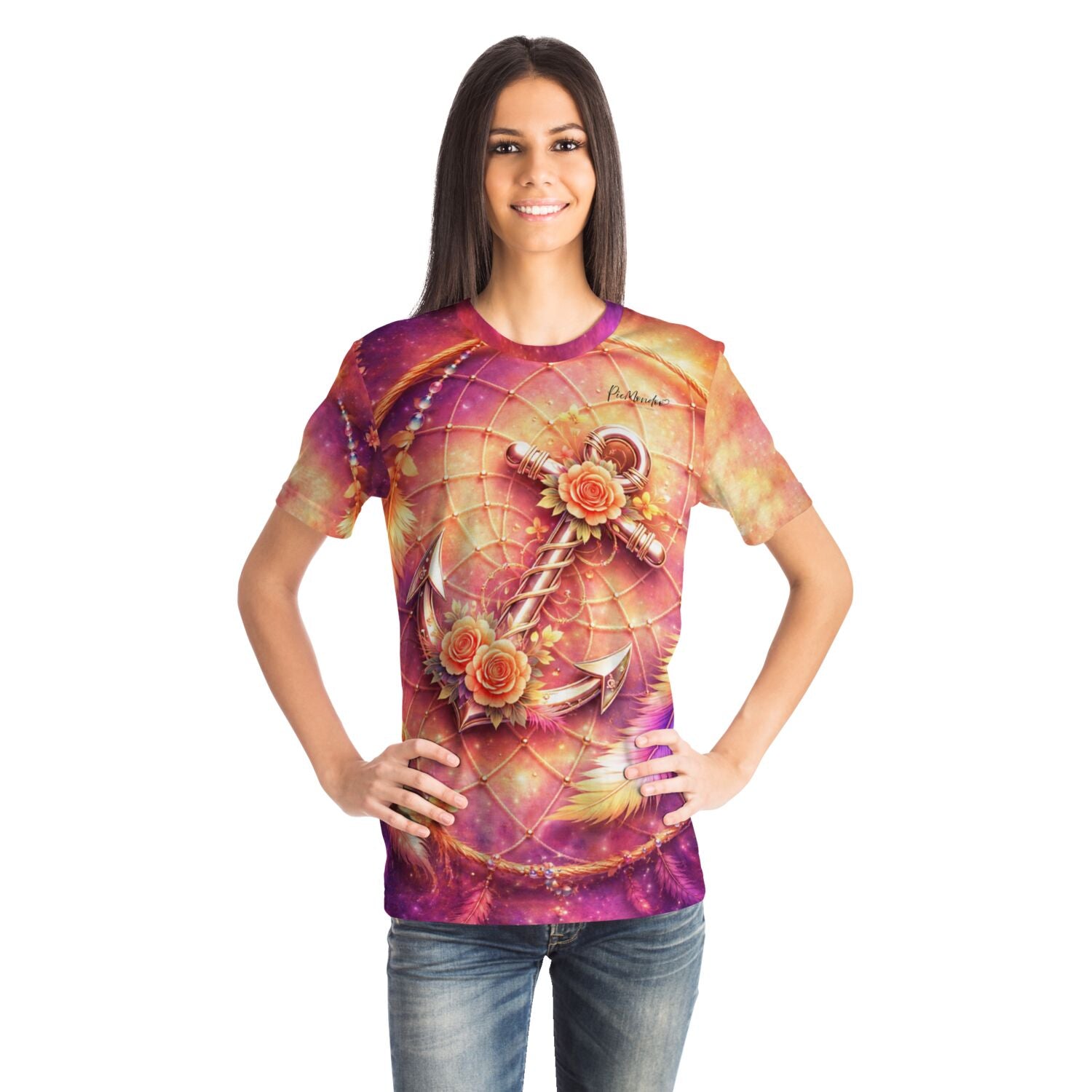 Frau trägt Dreamer T-Shirt mit buntem Anker-Motiv und Traumfänger-Design im Stil von Diamond Painting Kunstwerken