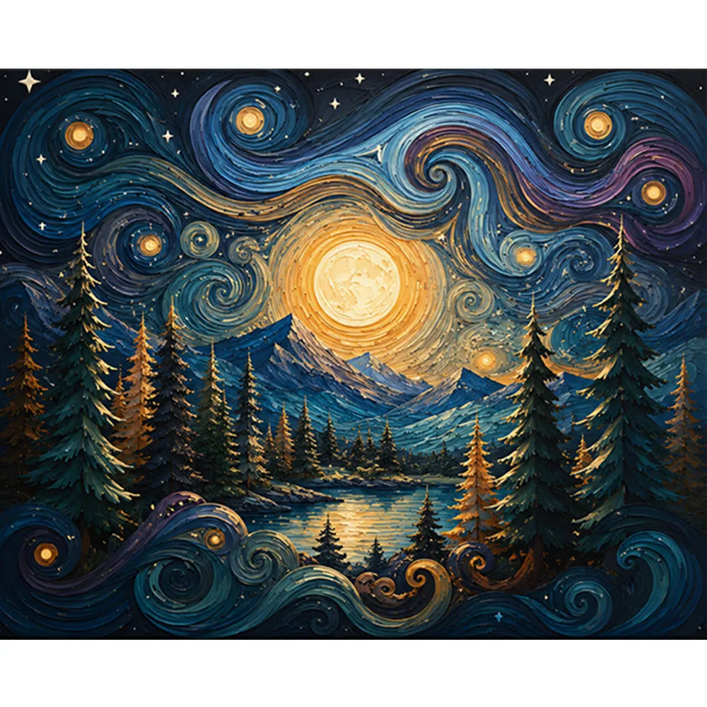 Malen nach Zahlen Goldene Nacht Motiv mit Vollmond, Sternenhimmel und Berglandschaft als DIY Set für Erwachsene.