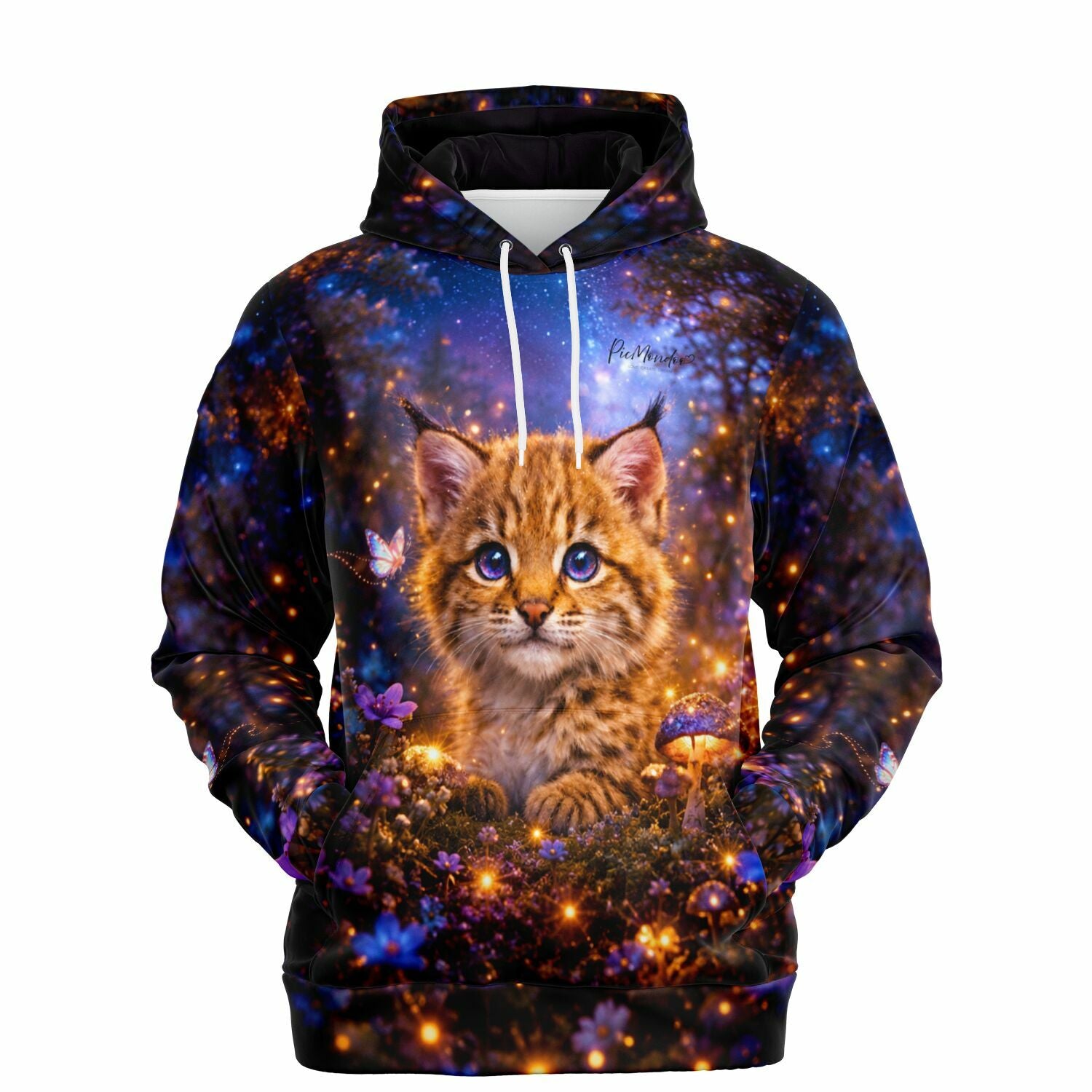 Dreamer Hoodie mit magischem Luchs-Motiv im Diamond Painting Stil, leuchtende Naturfarben und funkelnde Details