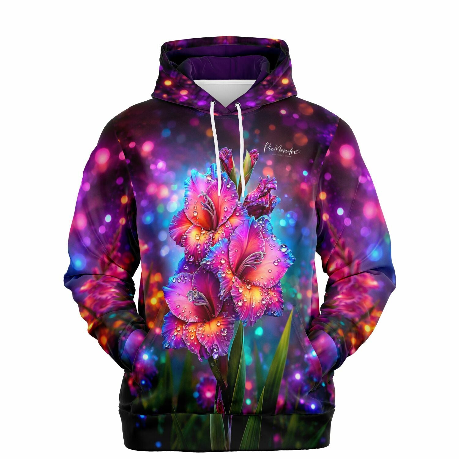 Dreamer Hoodie Morgentau mit farbenfrohem Blumen-Motiv im Stil von Diamond Painting und Malen nach Zahlen Kunstwerken
