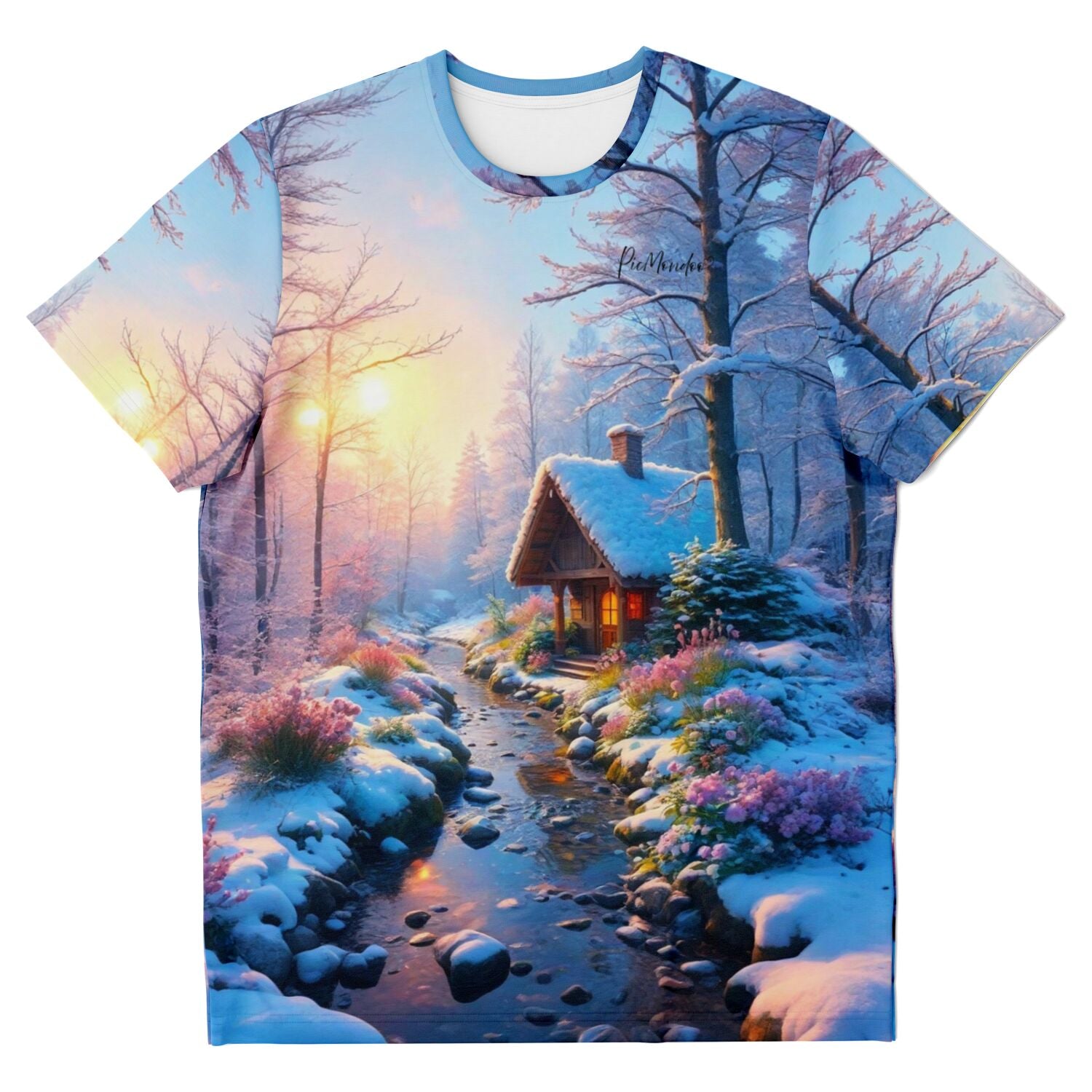 T-Shirt mit Wintermorgen-Motiv, inspiriert von Diamond Painting und Malen nach Zahlen Kunstwerken mit verschneiter Hütte.