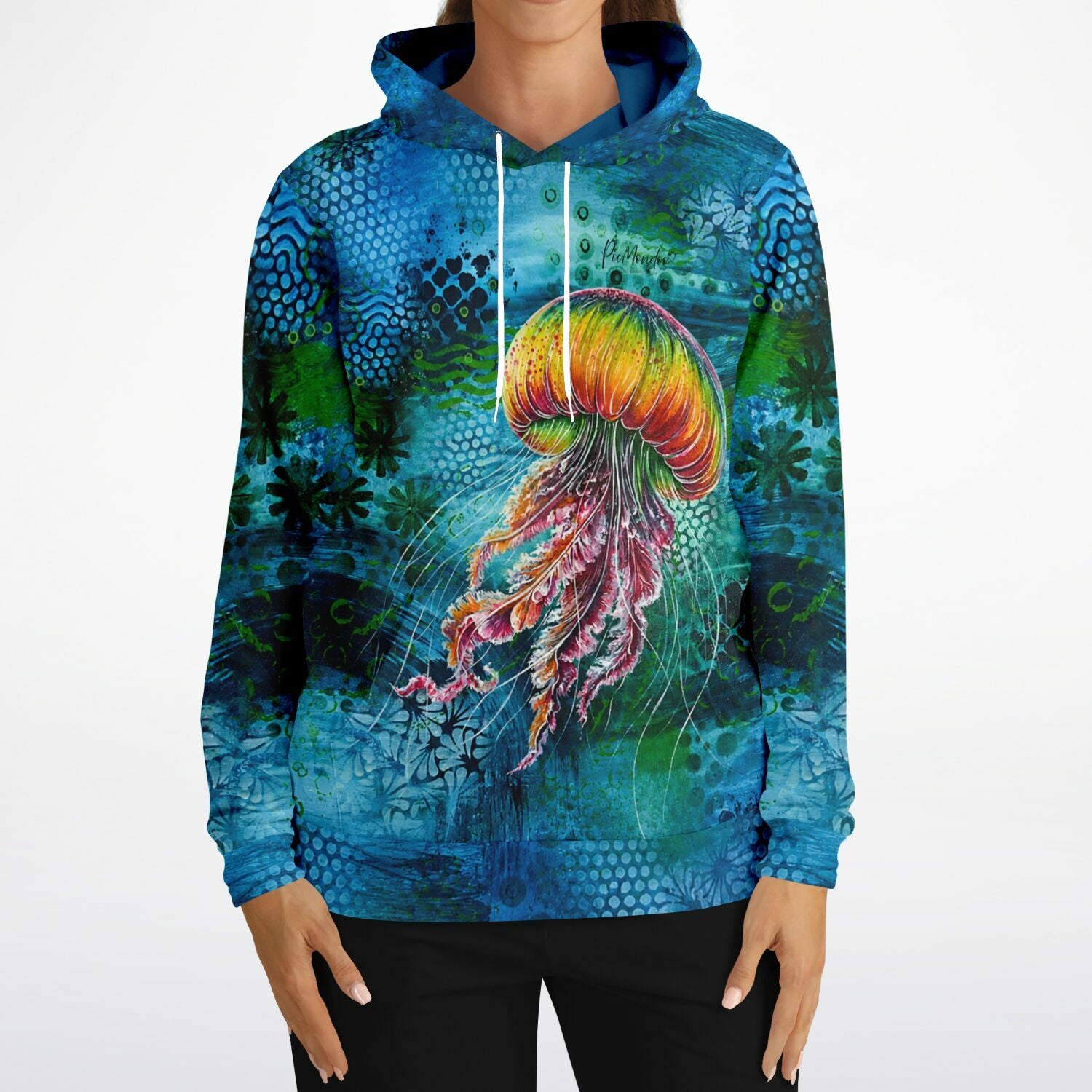 Dreamer Hoodie Medusa Solaris im künstlerischen Quallen-Design in leuchtenden Farben als modisches Statement für Kreative