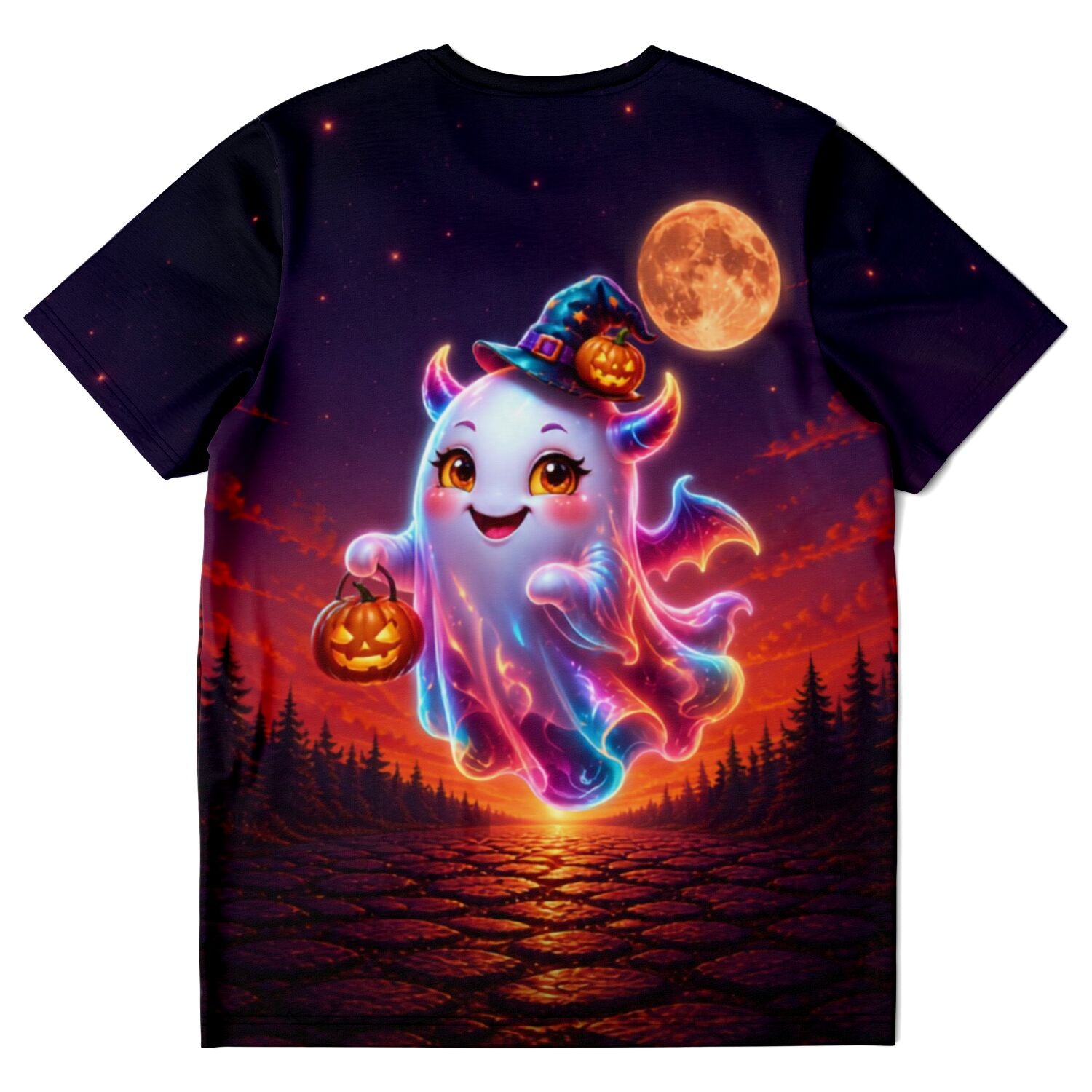Schwarzes T-Shirt mit niedlichem Halloween-Geist, Kürbissen und Vollmond, ideal für Fans von Malen nach Zahlen Motiven.