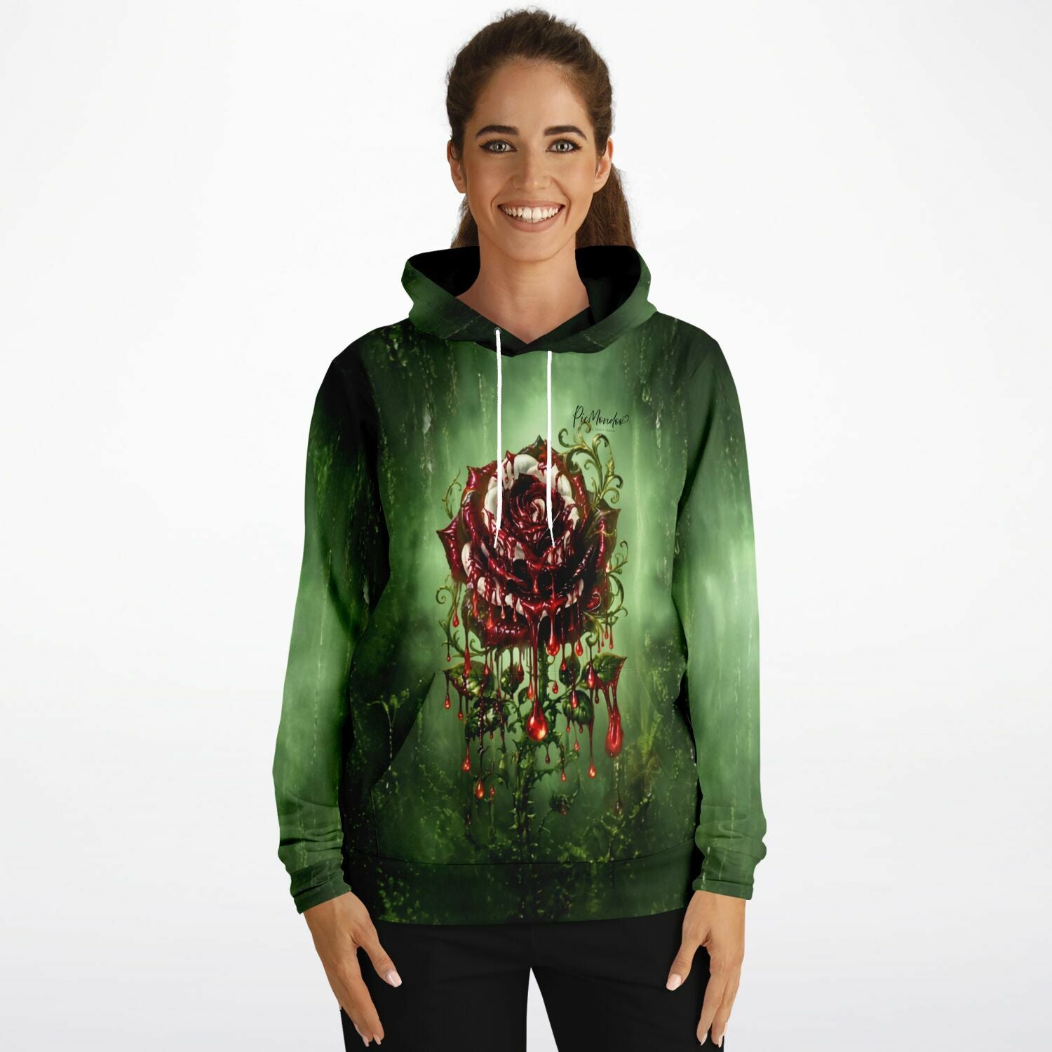 Dreamer Hoodie mit Motiv einer tropfenden roten Rose auf grünem Hintergrund von Picmondoo für DIY-Fans