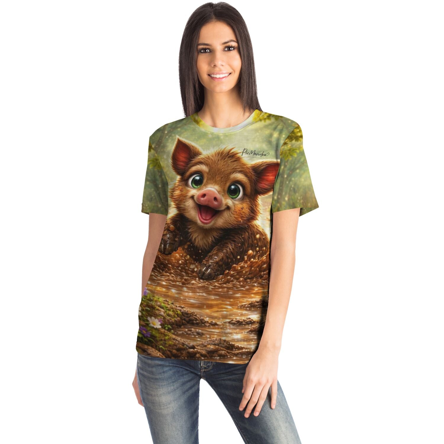 Frau trägt Dreamer T-Shirt Pfützenglück mit süßem Wildschwein-Motiv, inspiriert von Diamond Painting und Malen nach Zahlen