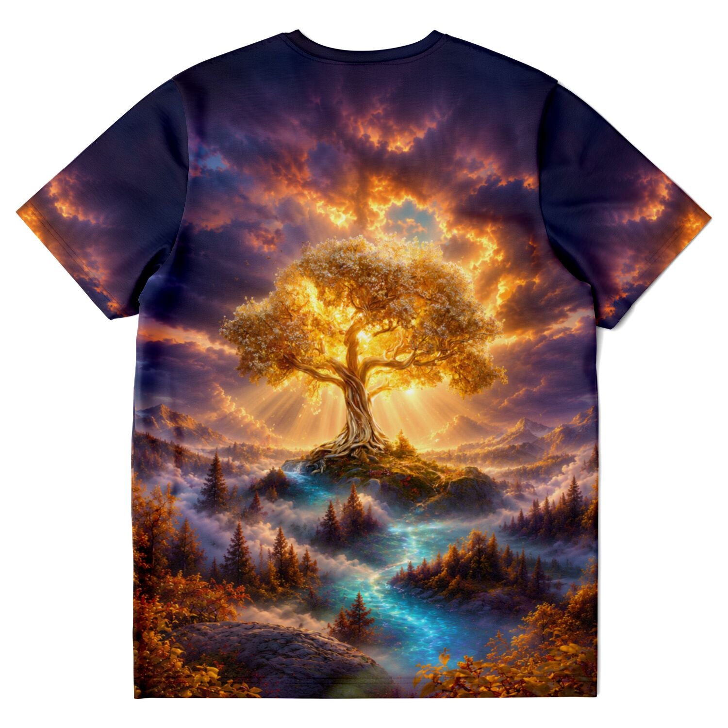 T-Shirt mit Motiv Der goldene Weltenbaum, inspiriert von Diamond Painting Kunst mit leuchtender Natur und Waldlandschaft.