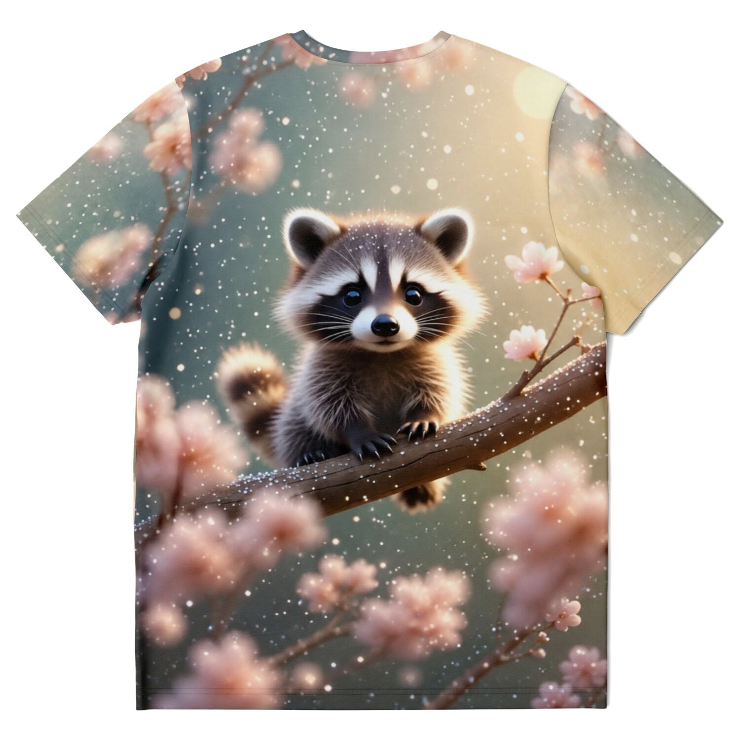T-Shirt mit Waschbär-Motiv im Stil von Diamond Painting und Malen nach Zahlen Kunstwerken, süßes Tierdesign in Kirschblüten