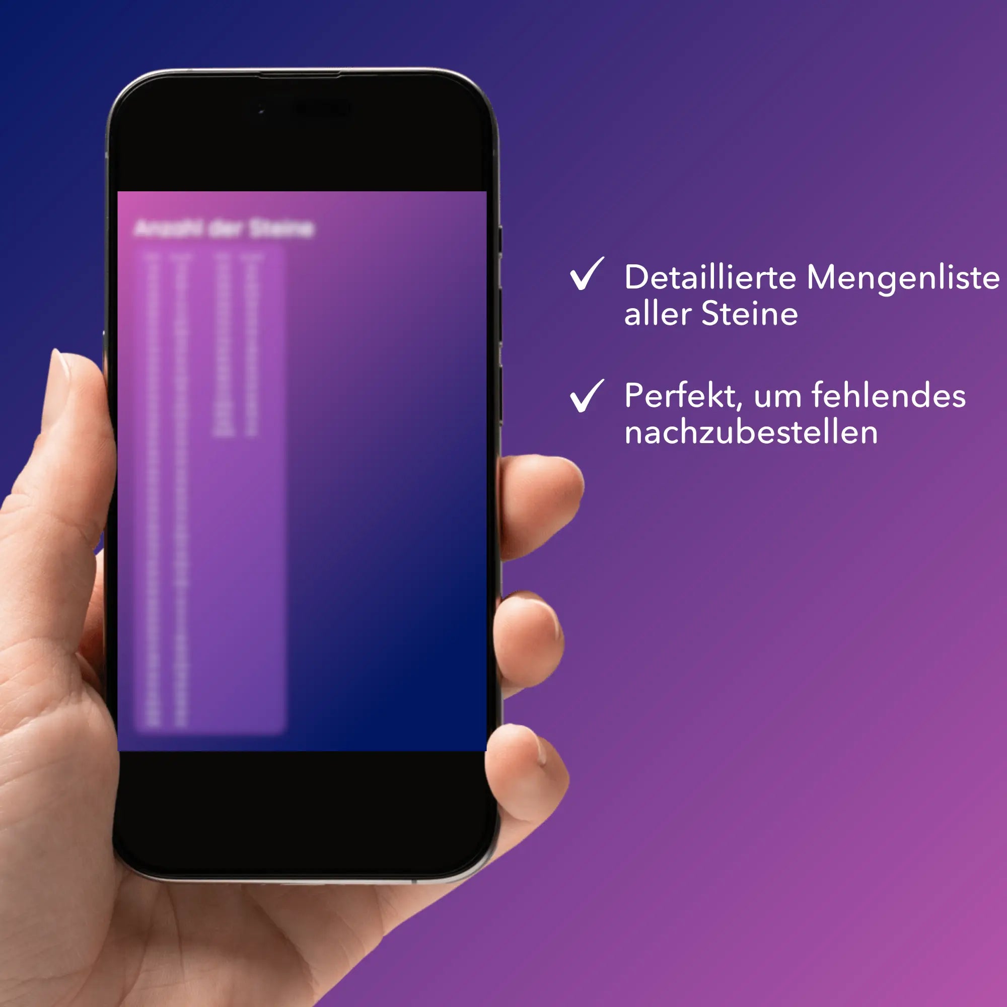Digitale Diamond Painting Bildmappe auf Smartphone mit Mengenliste für Steine zum Nachbestellen für dein DIY-Projekt