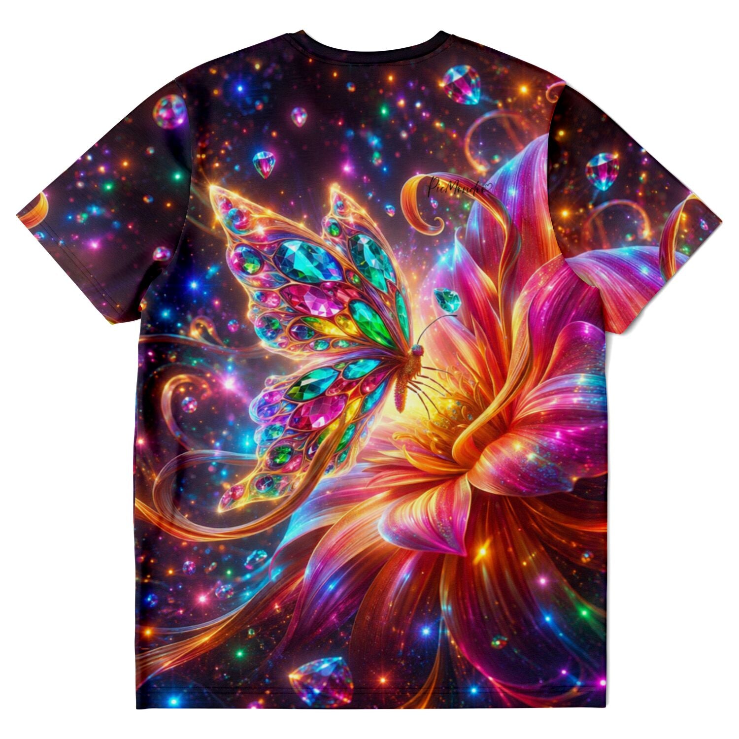 T-Shirt mit buntem Schmetterlingsmotiv im Diamond Painting Stil und leuchtender Blume vor kosmischem Sternenhintergrund.
