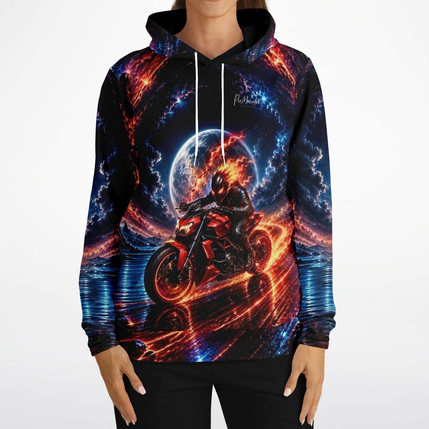 Dreamer Hoodie von Picmondoo mit feurigem Motorrad-Motiv und Vollmond, ideal für Fans von Diamond Painting und Kunst.