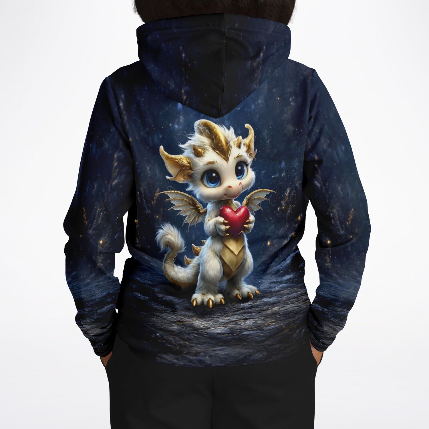 Dreamer Hoodie Herzlicht mit niedlichem Drachen-Motiv in hochwertigem Allover-Druck, ideal für Fans kreativer Kunst