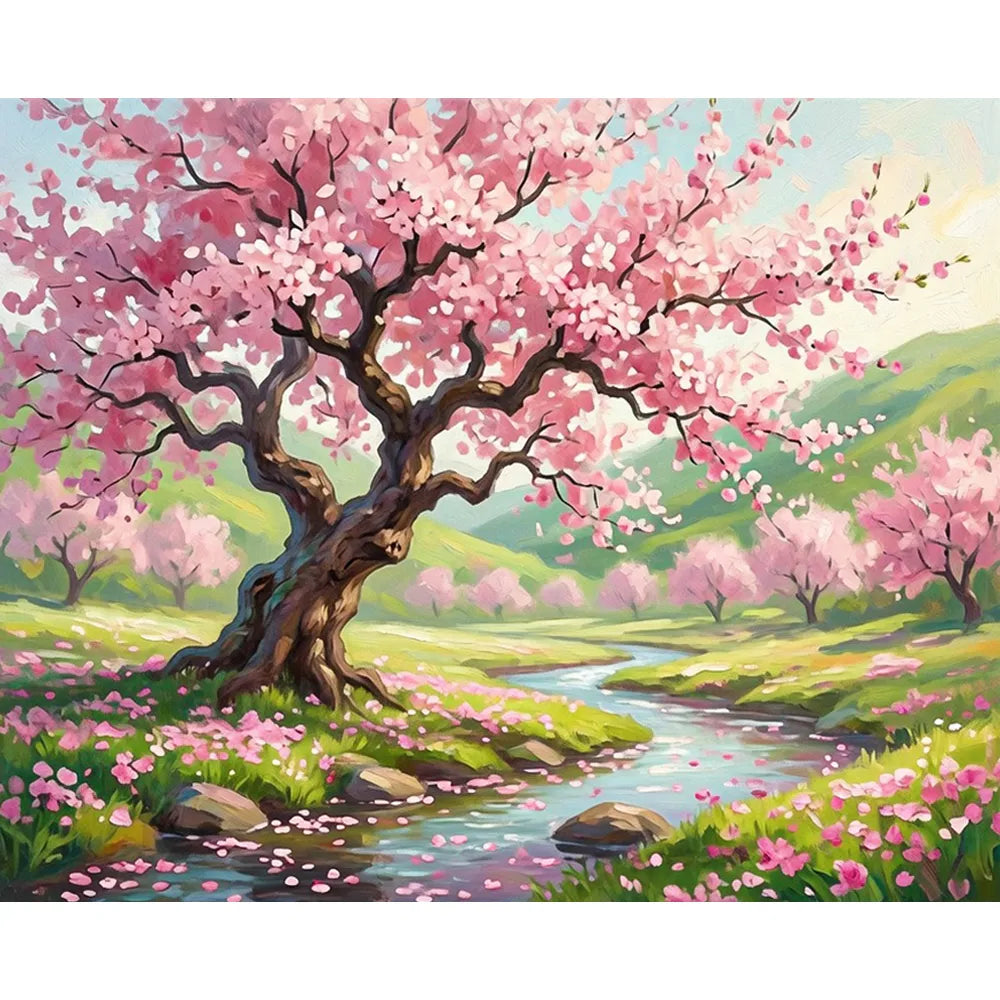 Malen nach Zahlen für Erwachsene: Frühlingslandschaft mit blühendem Kirschbaum und Bachlauf im picmondoopro.comsign
