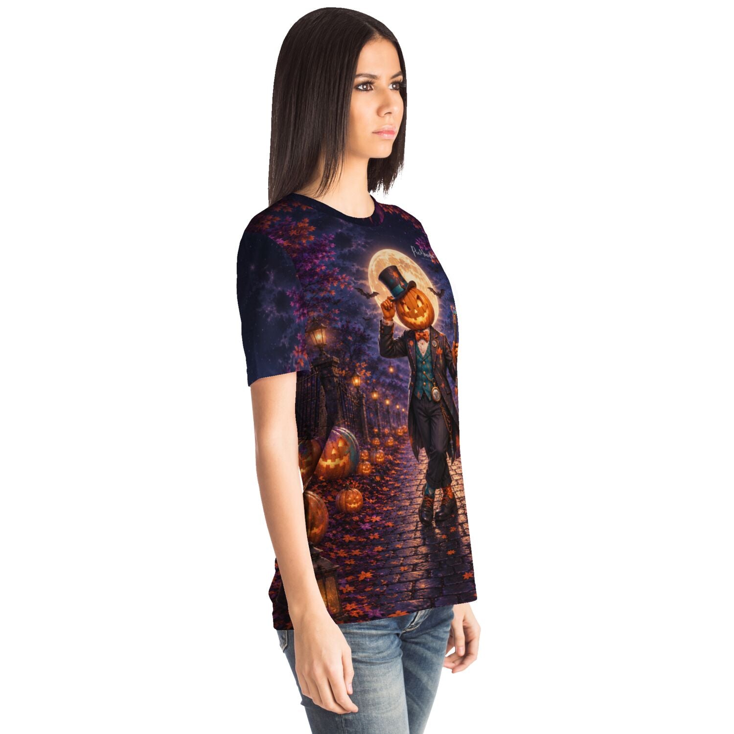 Dreamer T-Shirt mit herbstlichem Halloween-Motiv, Kürbiskopf-Figur vor Vollmond, passend zu Diamond Painting Design