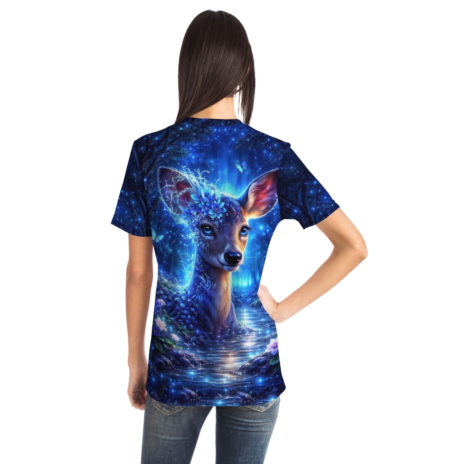 Dreamer T-Shirt mit Hirsch-Motiv im Stil von Diamond Painting, leuchtende blaue Wald- und Naturfarben für DIY-Fans