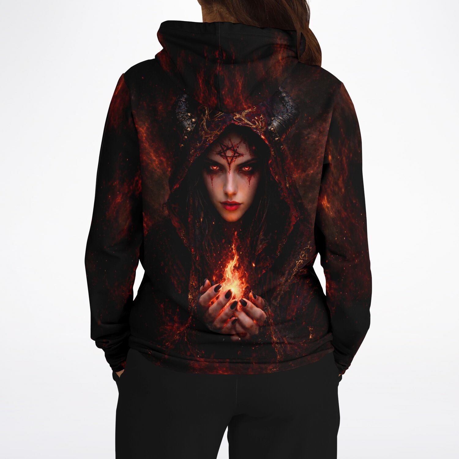 Schwarzer All-Over-Print Hoodie mit Lilith-Motiv, Dämonen-Design und leuchtenden Flammen, ideal für Fantasy-Fans.