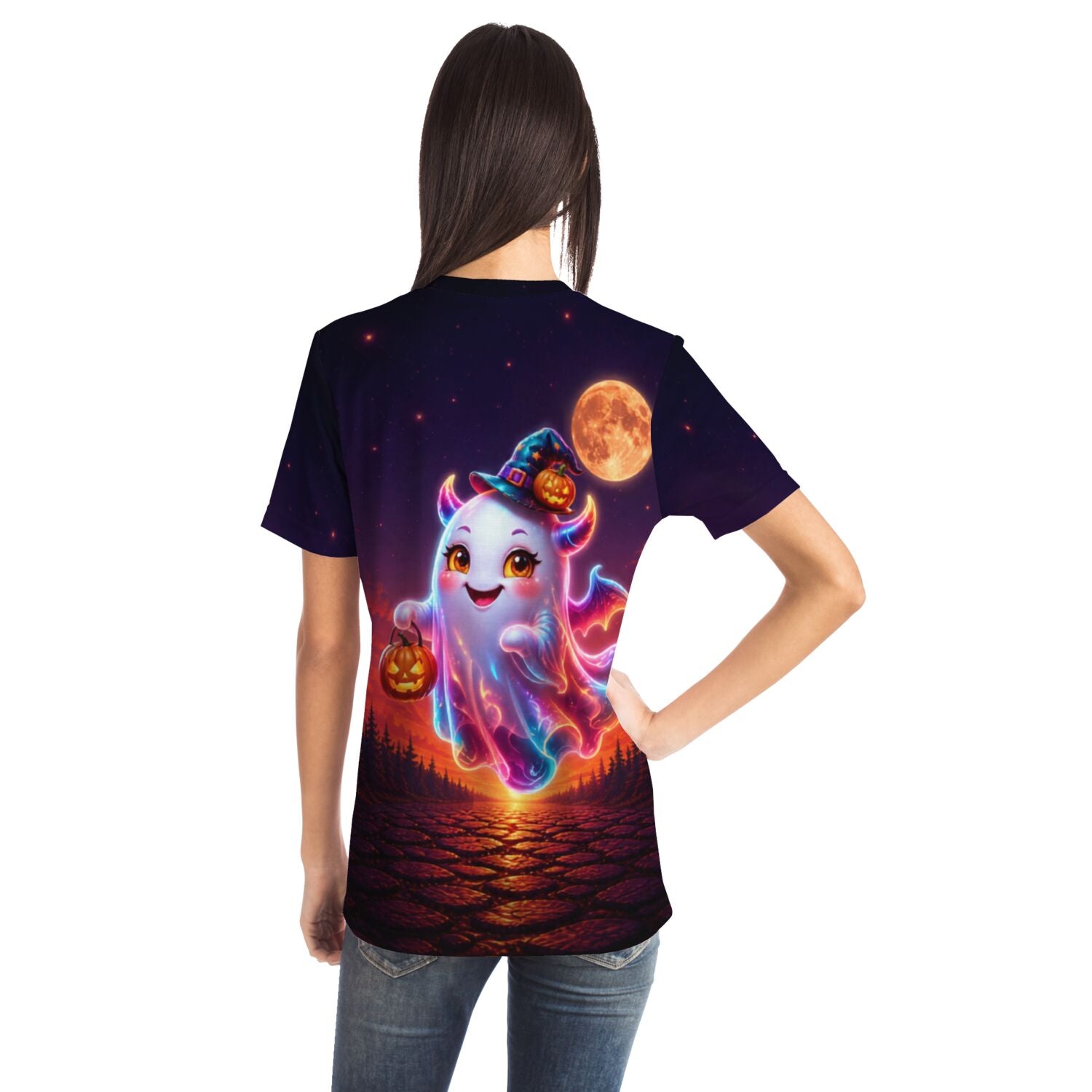 Dreamer T-Shirt mit niedlichem Geist Motiv, Kürbislaternen und Vollmond Nacht-Design für Fans kreativer Kunst
