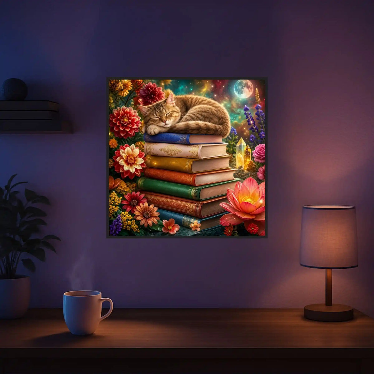 Diamond Painting Bücherträumerei: Schlafende Katze auf einem Bücherstapel mit bunten Blumen und Mond.