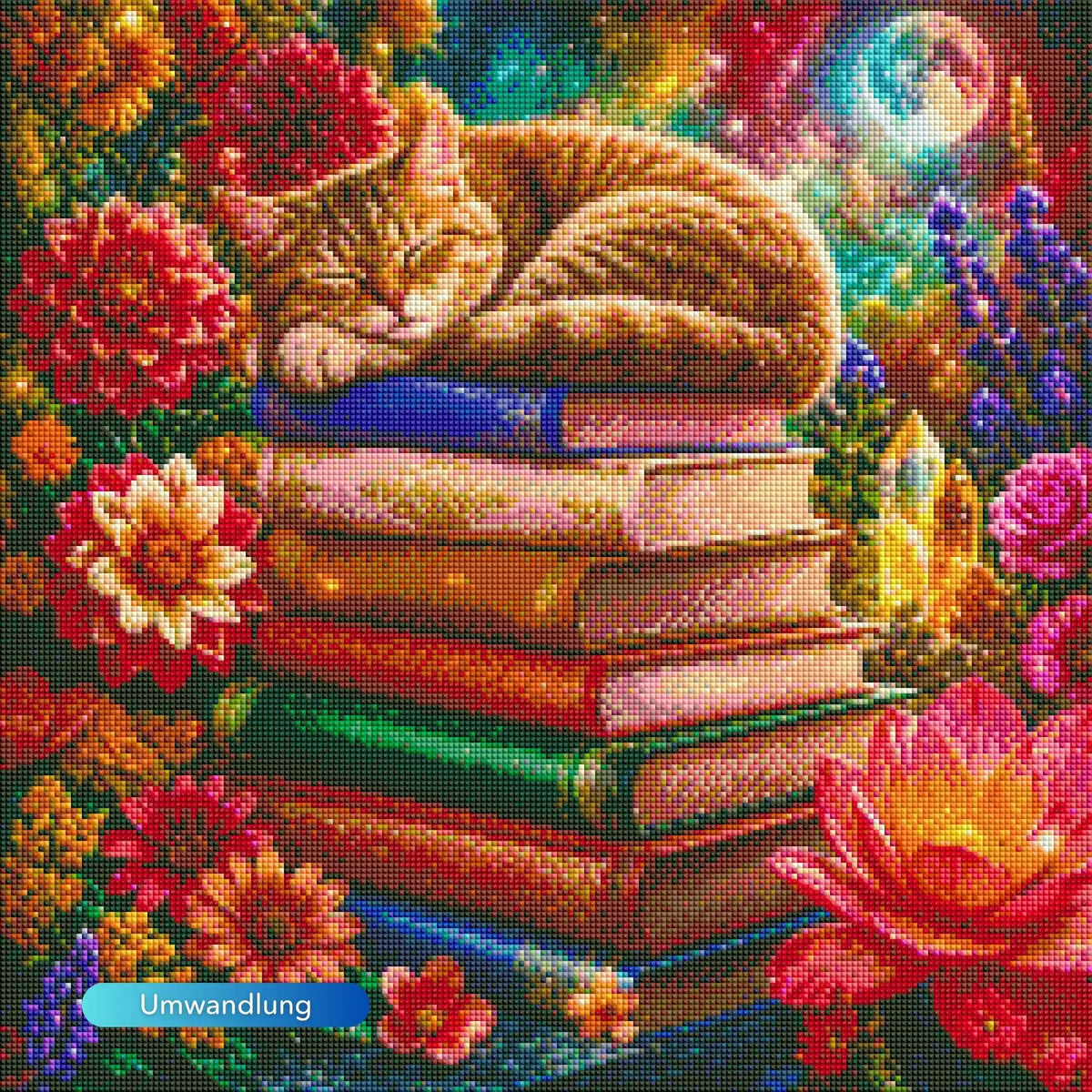 Diamond Painting Set: Schlafende Katze auf einem Bücherstapel umgeben von bunten Blumen und Sternenhimmel.