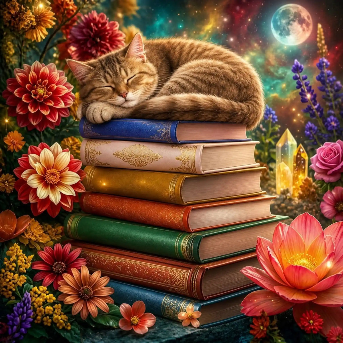 Diamond Painting Bücherträumerei: Schlafende Katze auf Bücherstapel, umgeben von bunten Blumen und Sternenhimmel.