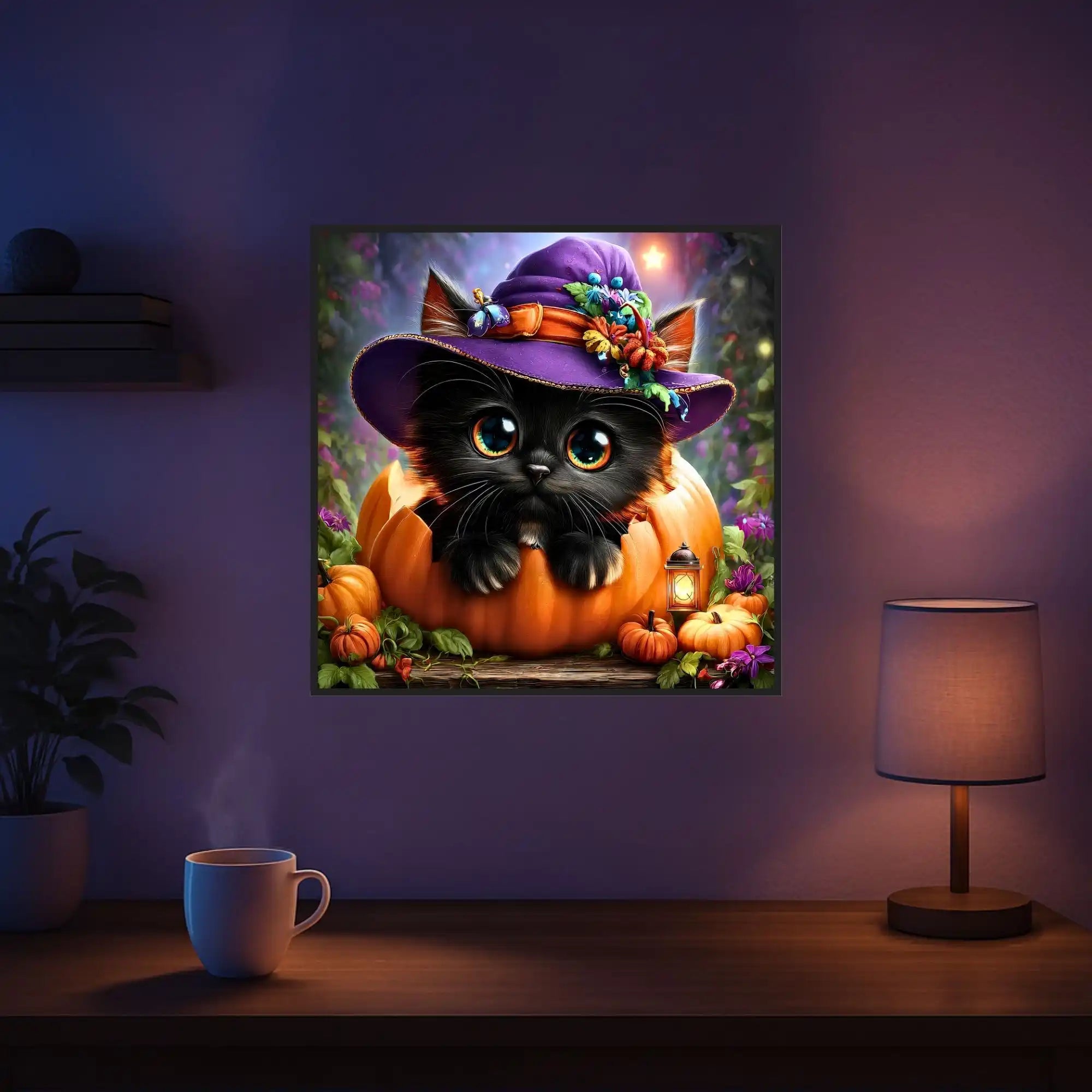Diamond Painting Set Herbstpfötchen: Süße schwarze Katze mit Hexenhut im Kürbis, Halloween Motiv für DIY-Kunstwerke.