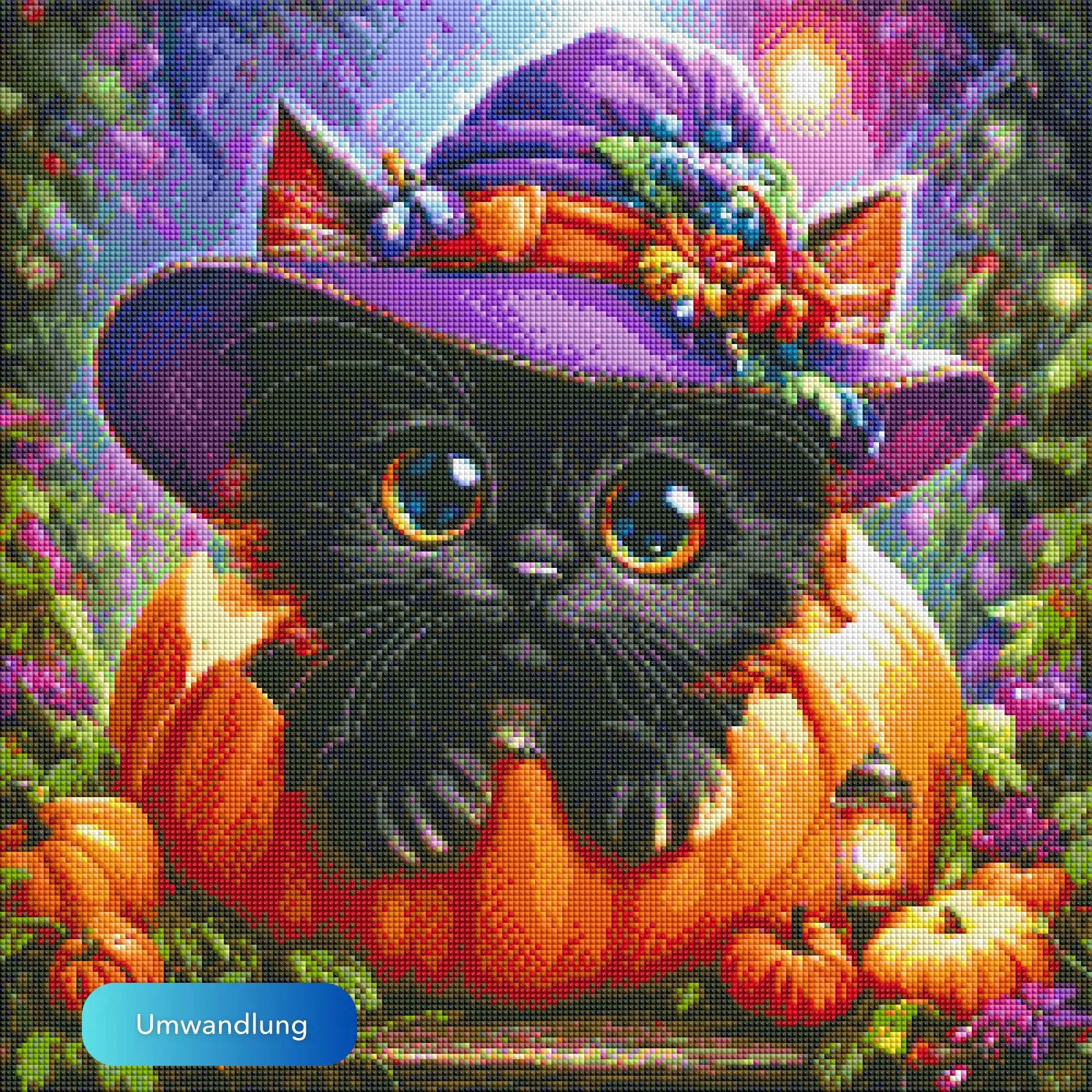 Diamond Painting Set Herbstpfötchen: Süßes schwarzes Katzenbaby mit Zauberhut im Kürbis für herbstliche Halloween-Stimmung