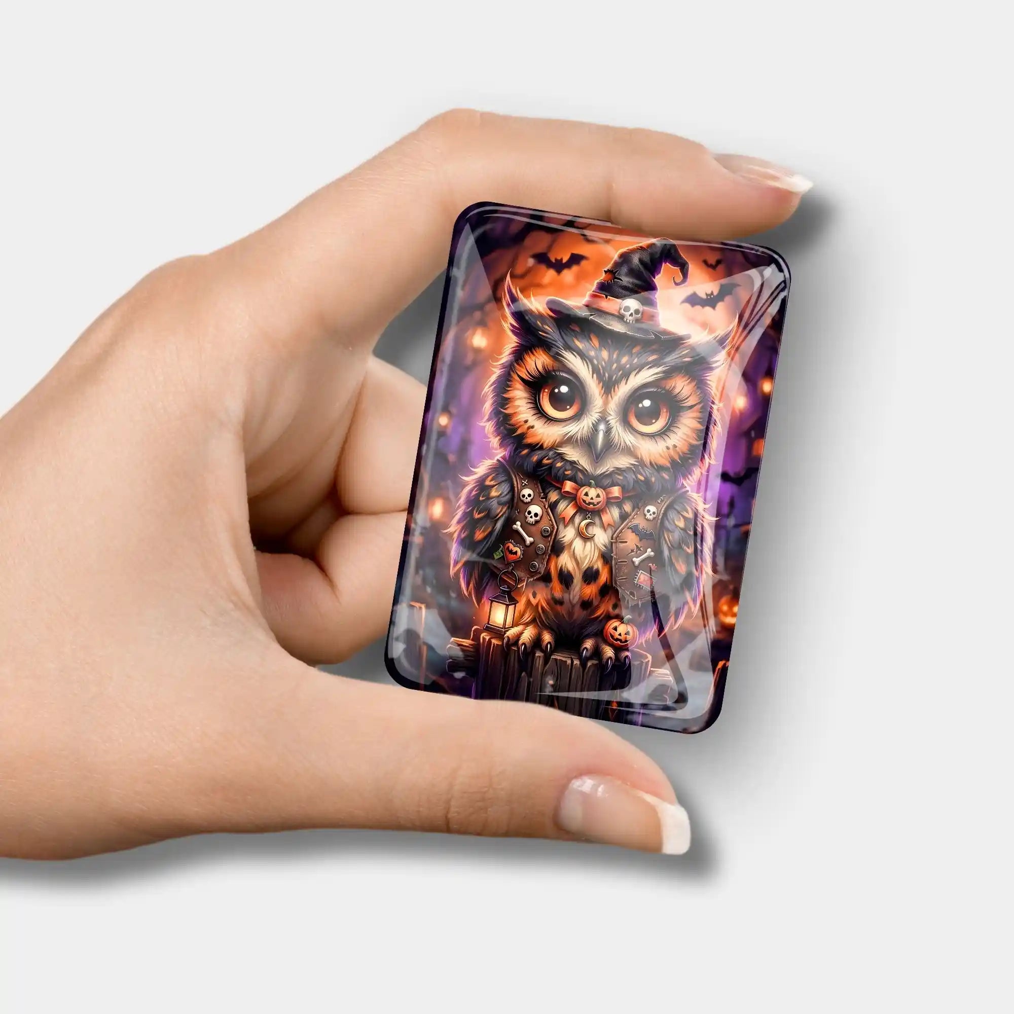 Glas Cover Minder mit Eulen-Motiv im Halloween-Look als praktisches Zubehör für Diamond Painting und Bastelsets