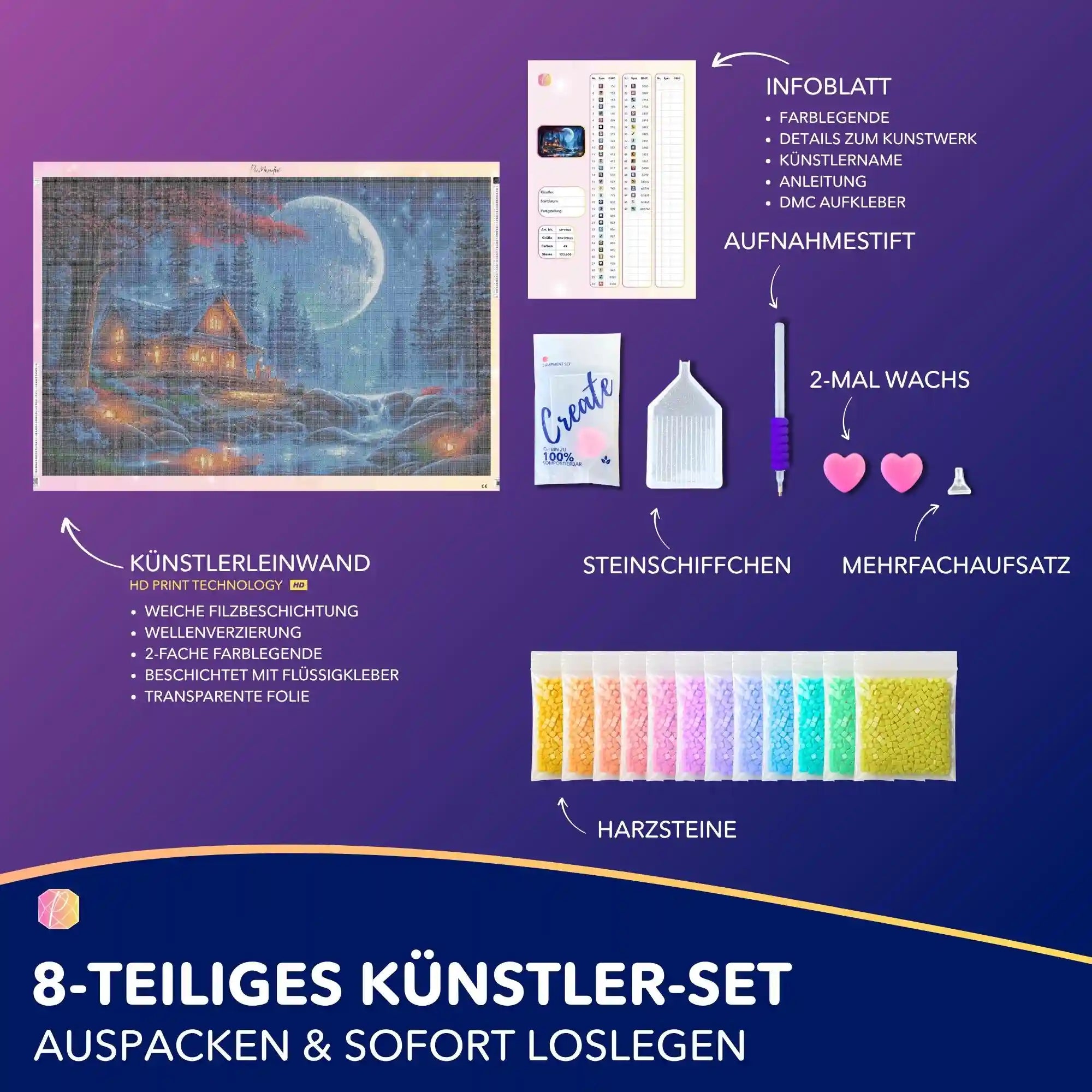 XXL Diamond Painting Set: Magische Waldszene mit Haus und Vollmond inklusive hochwertigem Zubehör und Glitzersteinen