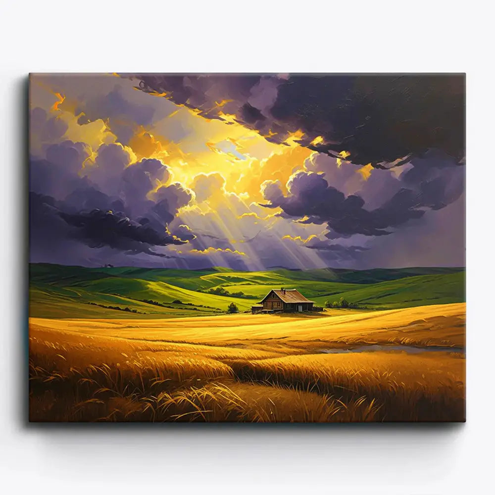 Malen nach Zahlen für Erwachsene: Magie des Lichts mit Haus in einer goldenen Wiesenlandschaft unter dramatischen Wolken.