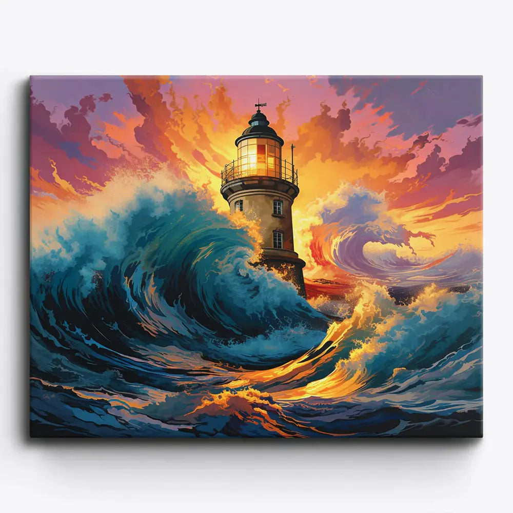 Malen nach Zahlen für Erwachsene: Leuchtturm bei Sturm mit dramatischem Sonnenuntergang und hohen Meereswellen.