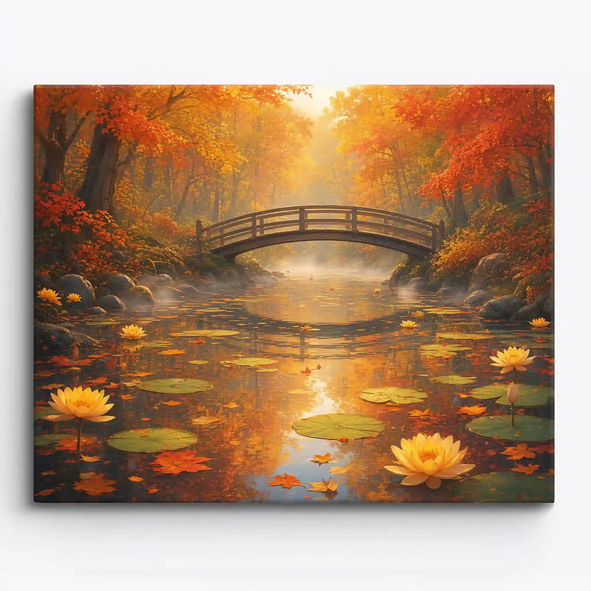 Malen nach Zahlen Erwachsene: Herbstliche Wasserruhe – Holzbrücke über Fluss mit Seerosen im Herbstwald