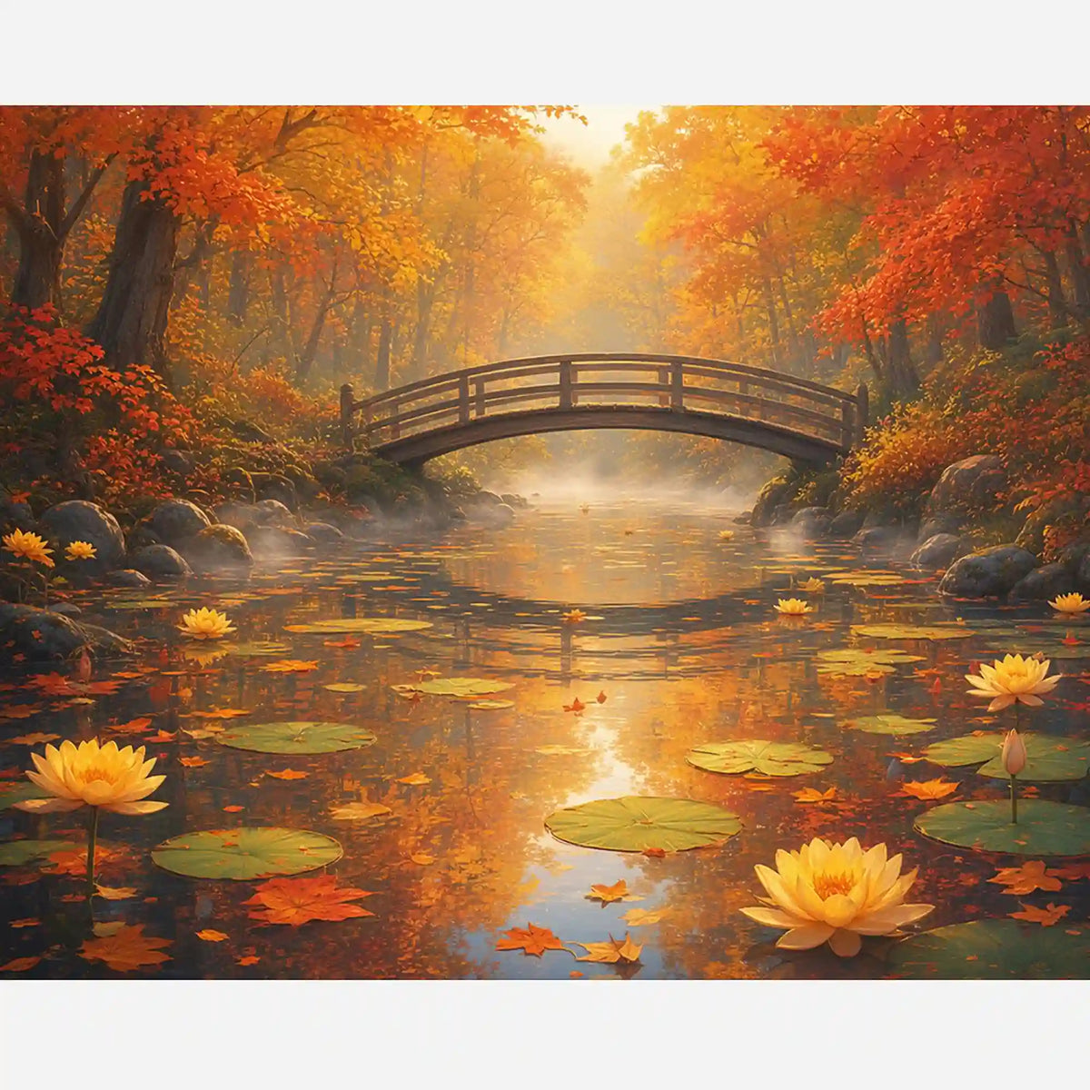 Malen nach Zahlen Erwachsene: Herbstliche Wasserruhe mit Holzbrücke, Seerosen und goldenem Herbstwald.