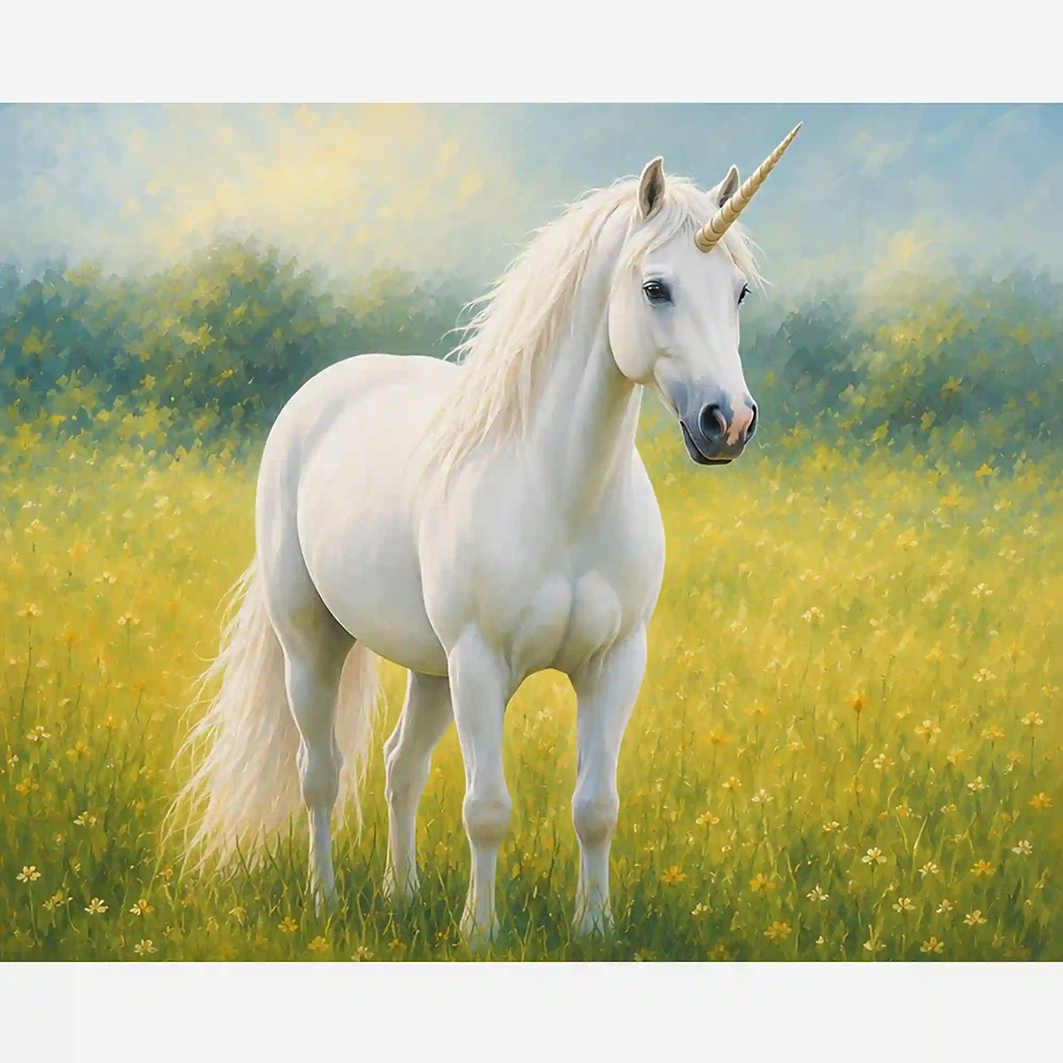 Malen nach Zahlen Erwachsene: Weißes Einhorn mit goldenem Horn auf blühender Blumenwiese von Picmondoo