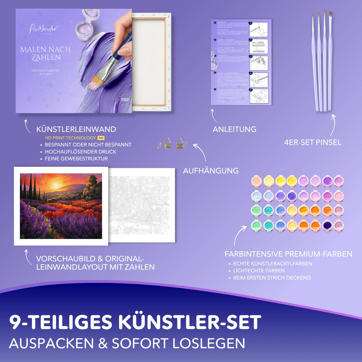 Picmondoo Malen nach Zahlen Set Provence in Flammen mit Leinwand, Acrylfarben, Pinsel und Anleitung für Erwachsene