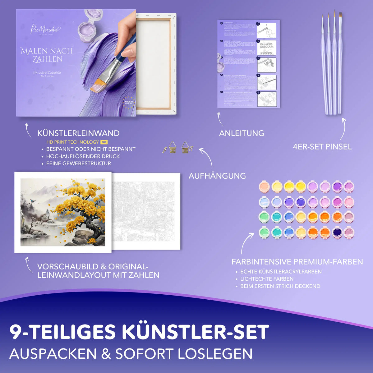 Picmondoo Malen nach Zahlen Set Goldener Frühlingshauch mit Leinwand, Acrylfarben, Pinseln und Anleitung für Erwachsene.