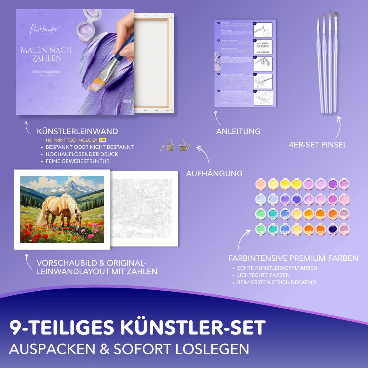 Malen nach Zahlen Set mit Pferd-Motiv, hochwertiger Leinwand, Pinseln und Acrylfarben für Erwachsene von Picmondoo