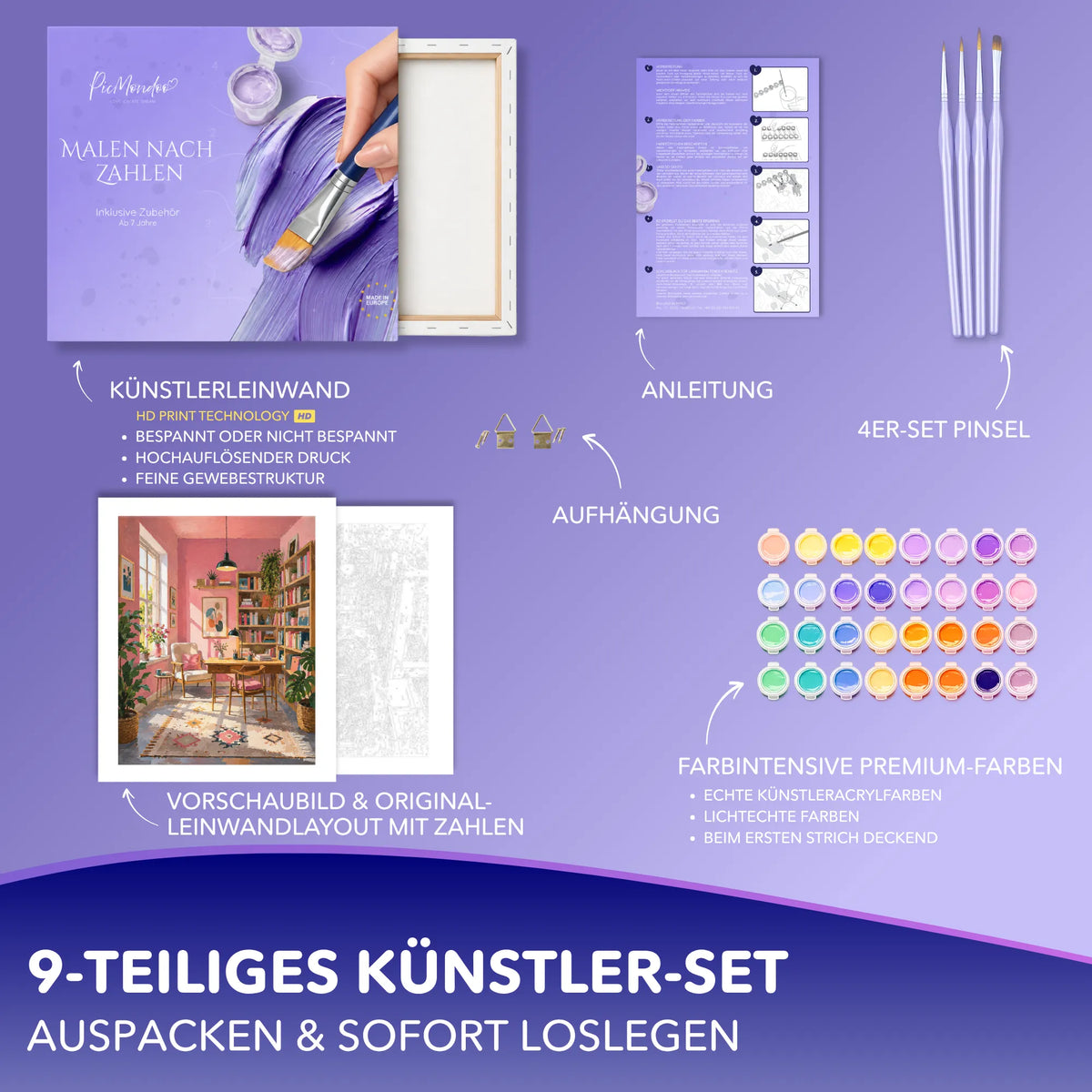 Picmondoo Malen nach Zahlen Set Raum für Träume mit Leinwand, Acrylfarben und Pinseln für Erwachsene und Kinder