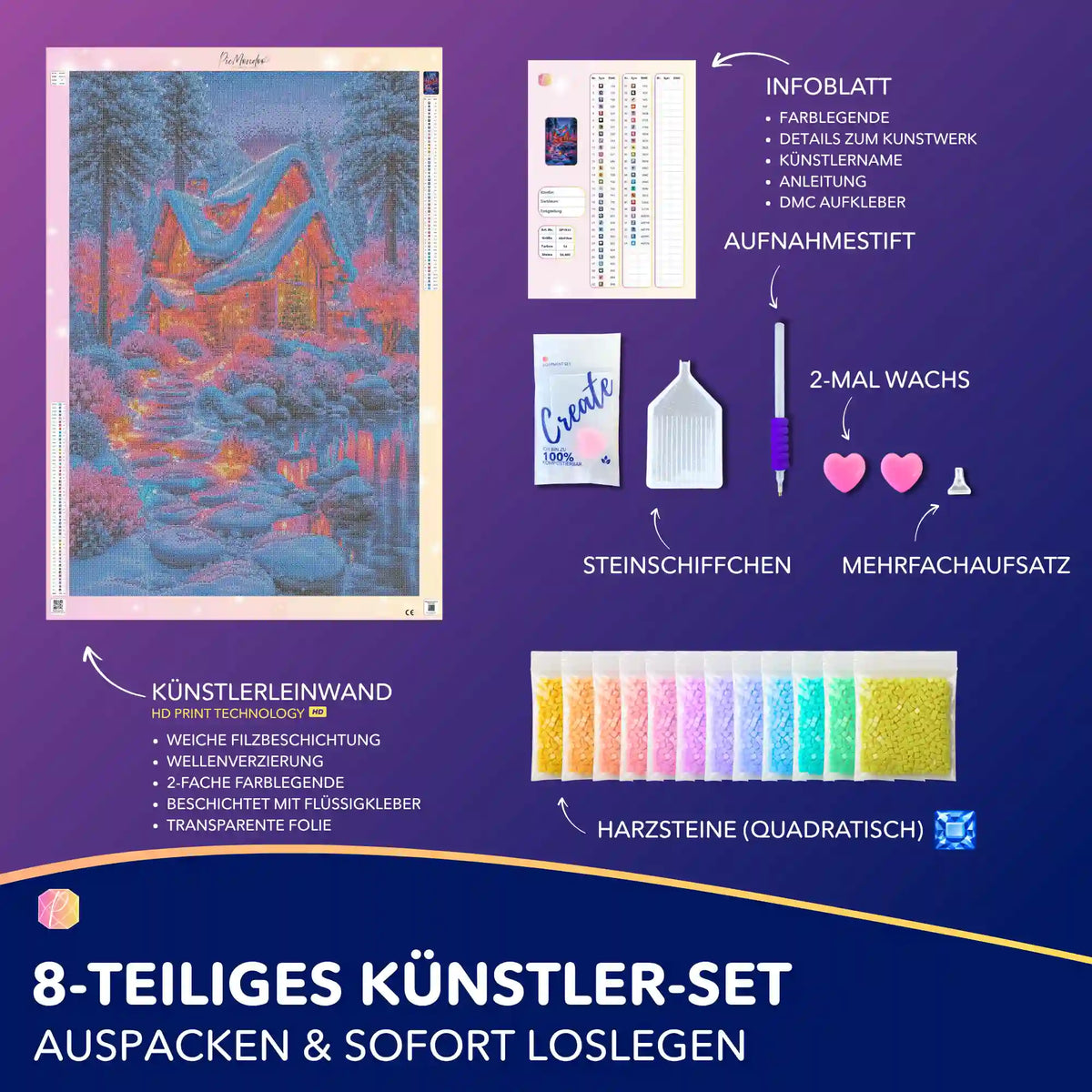XXL Diamond Painting Set Weihnachts-Lichterwald mit Zubehör, Leinwand, quadratischen Harzsteinen und Arbeitswerkzeug