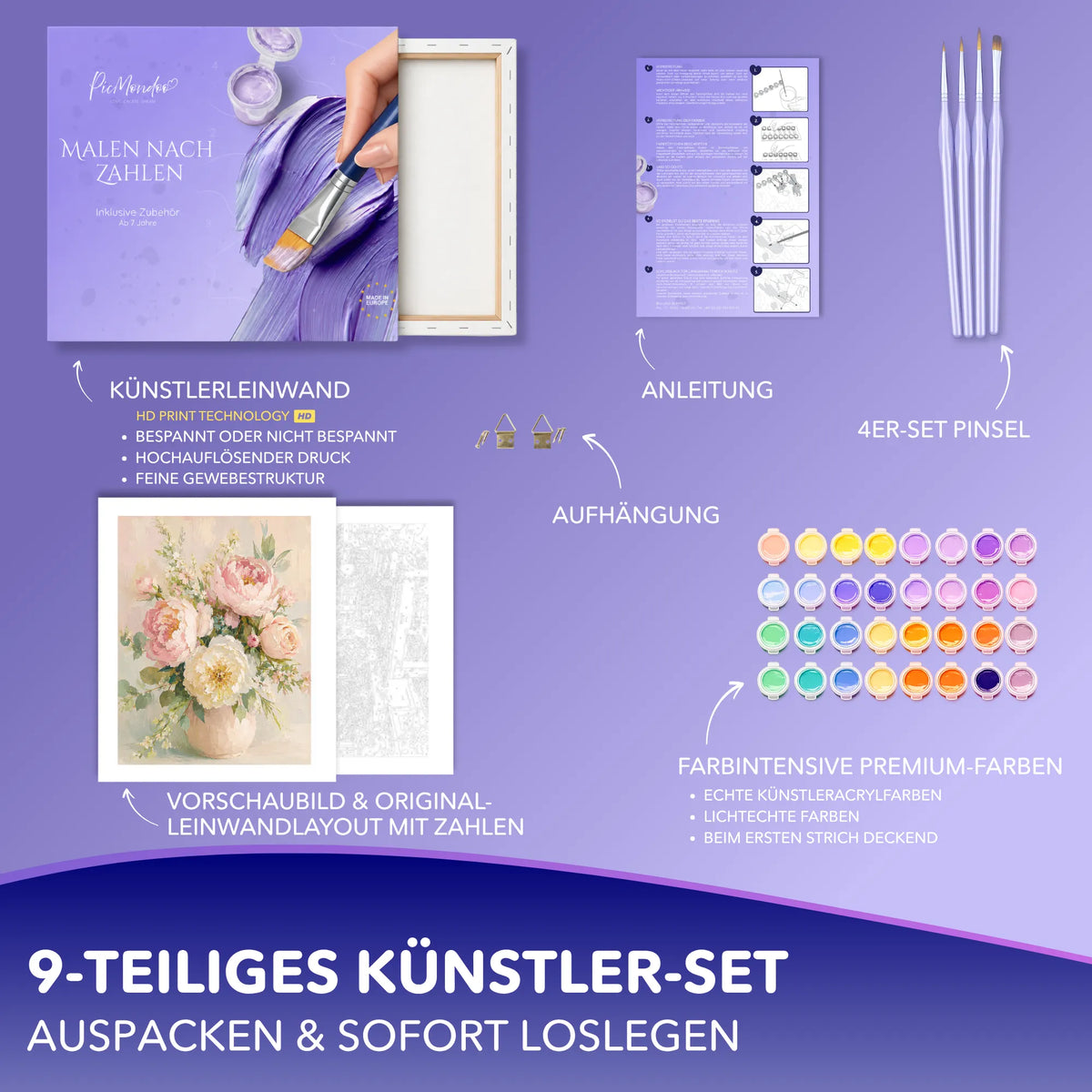 Picmondoo Malen nach Zahlen Set Die Sprache der Blumen mit Leinwand, Acrylfarben und Pinseln für Erwachsene.
