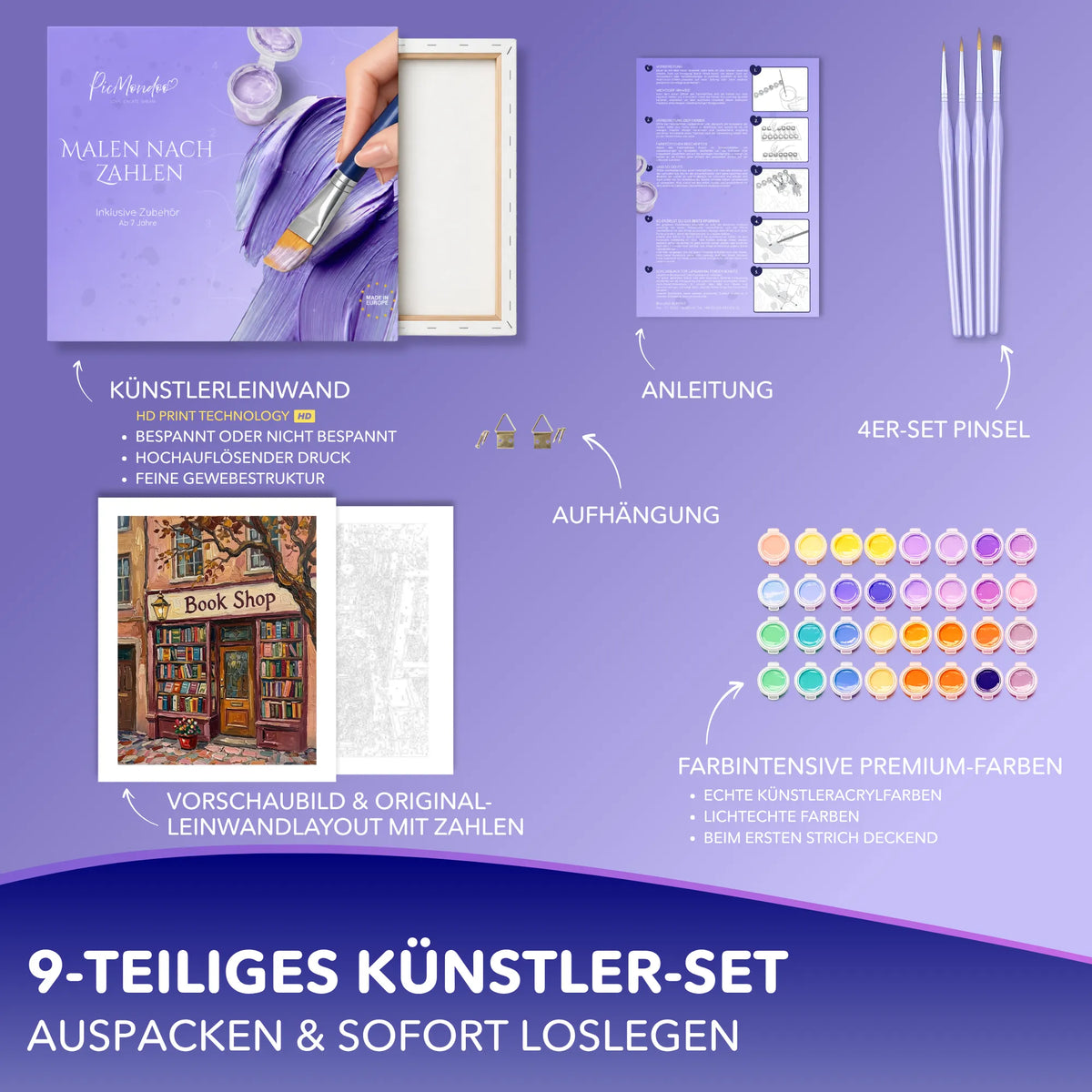 Malen nach Zahlen Set Das Antiquariat der Träume mit Leinwand, Acrylfarben, Pinsel und Anleitung für Erwachsene
