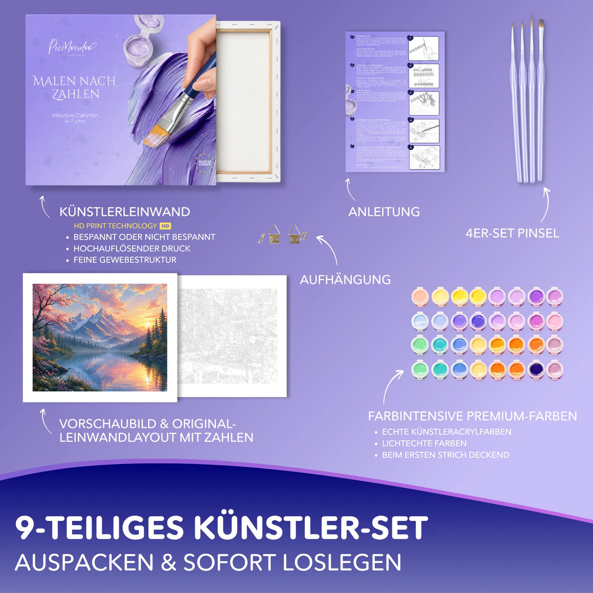 Picmondoo Malen nach Zahlen Set Am See der Träume mit Leinwand, Acrylfarben und Pinseln für kreative Erwachsene