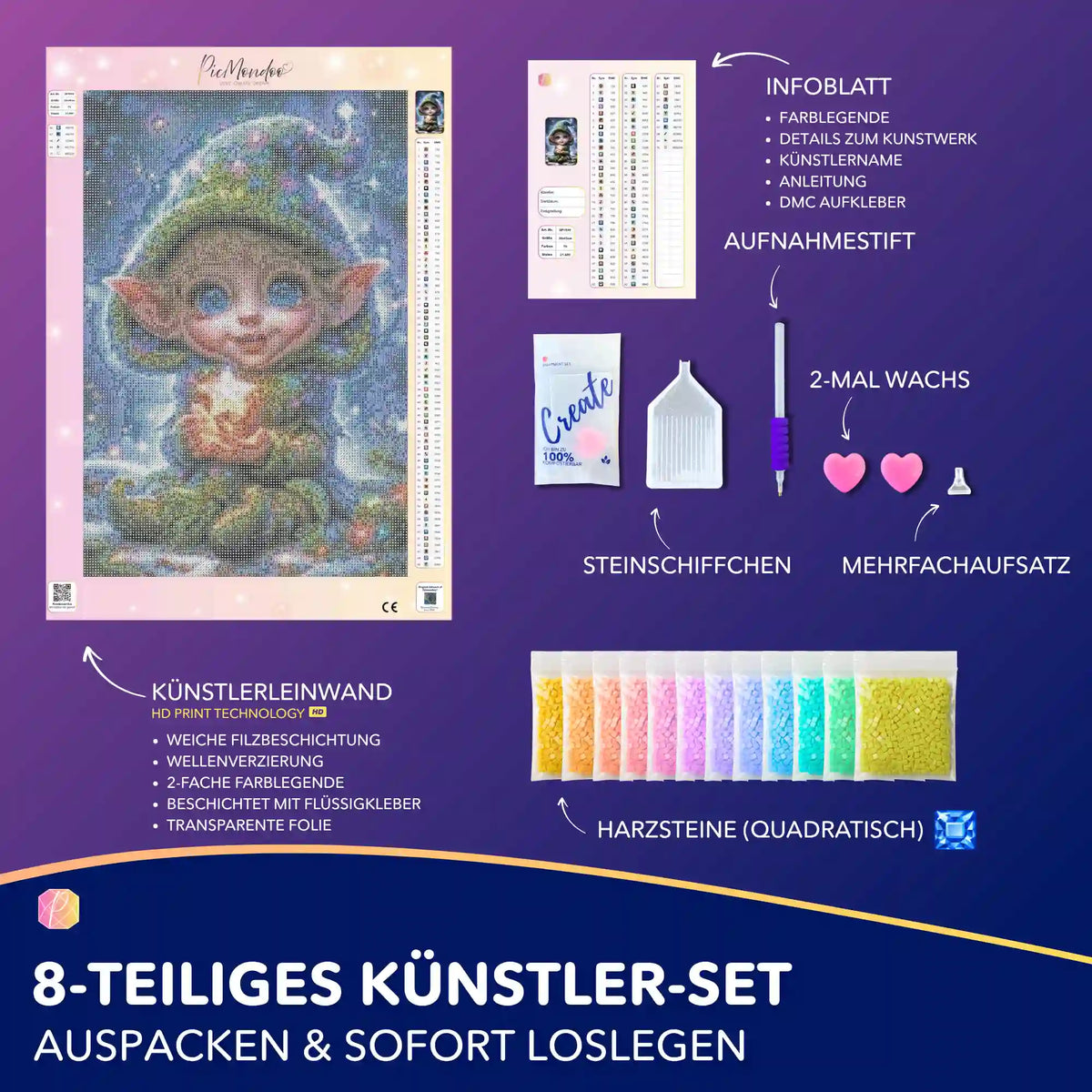Diamond Painting Set Ein Stern für dich mit magischem Wichtel Motiv, quadratischen Steinen und vollständigem Zubehör.