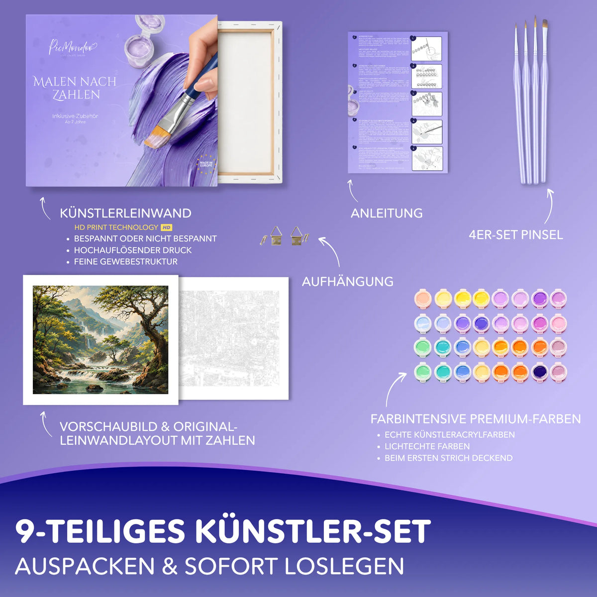 Picmondoo Malen nach Zahlen Set Tal der tausend Wasserfälle mit Farben, Pinseln und bedruckter Leinwand für Erwachsene.