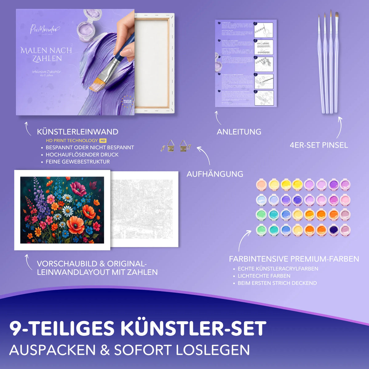 Picmondoo Malen nach Zahlen Set Blütenfeuer mit Leinwand, Acrylfarben und Pinseln für kreative Erwachsene