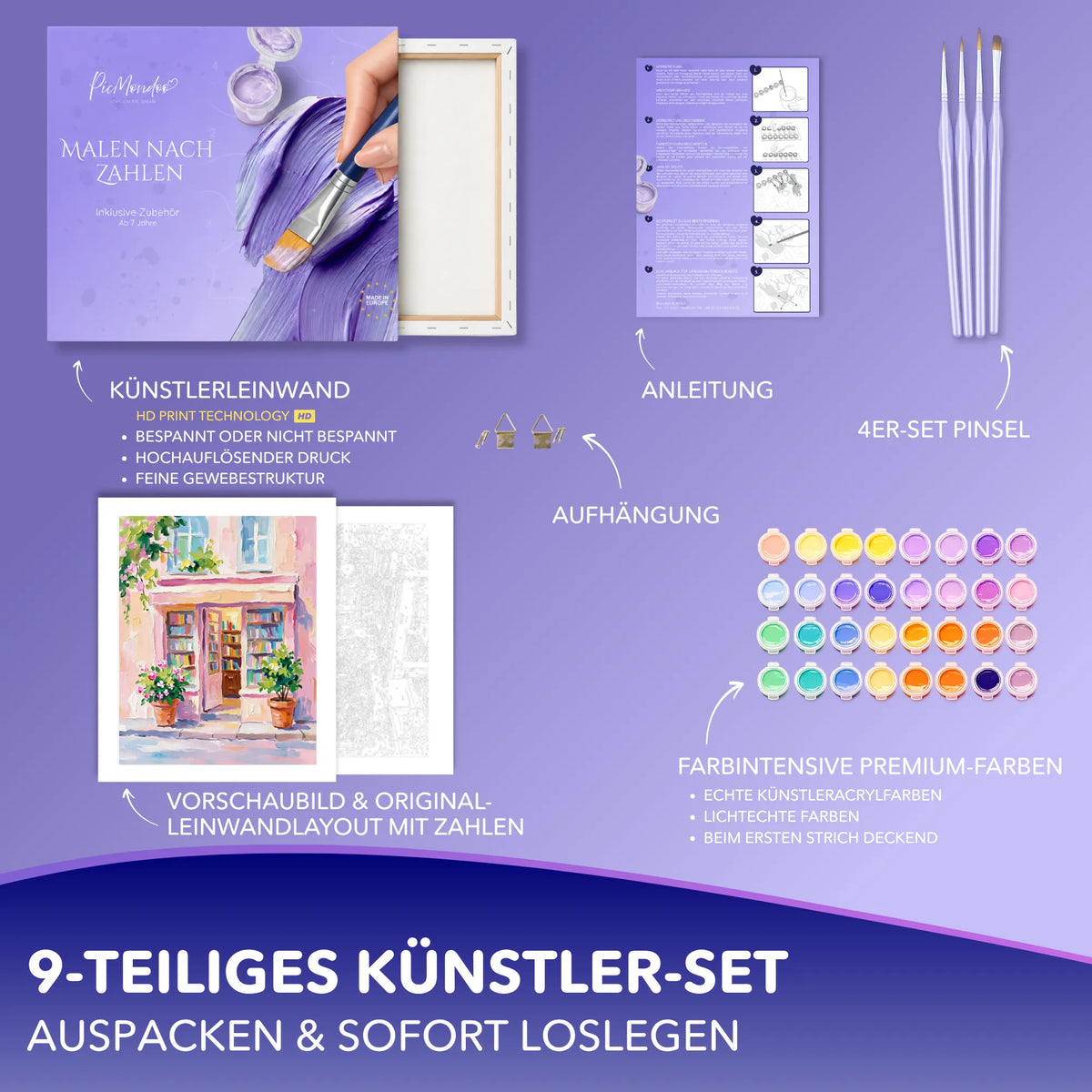 Malen nach Zahlen Set Tritt ein und Träume von Picmondoo mit Leinwand, Acrylfarben, Pinsel und Anleitung für Erwachsene.