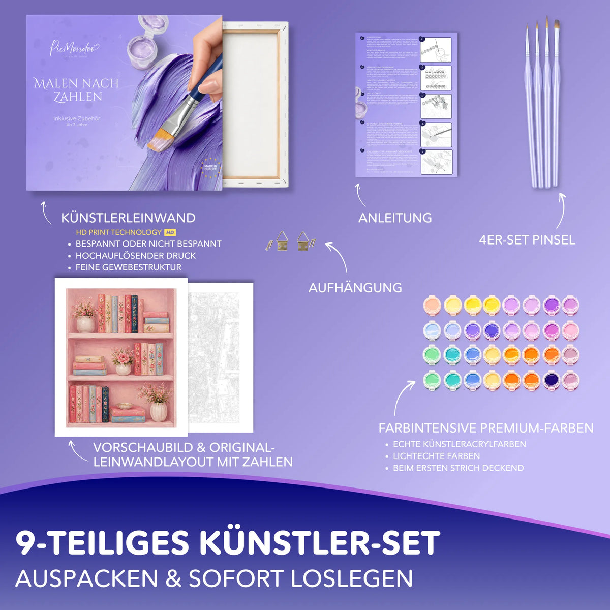 Picmondoo Malen nach Zahlen für Erwachsene: Set mit Leinwand, Acrylfarben, Pinseln und Motiv Geschichten in Rosé.