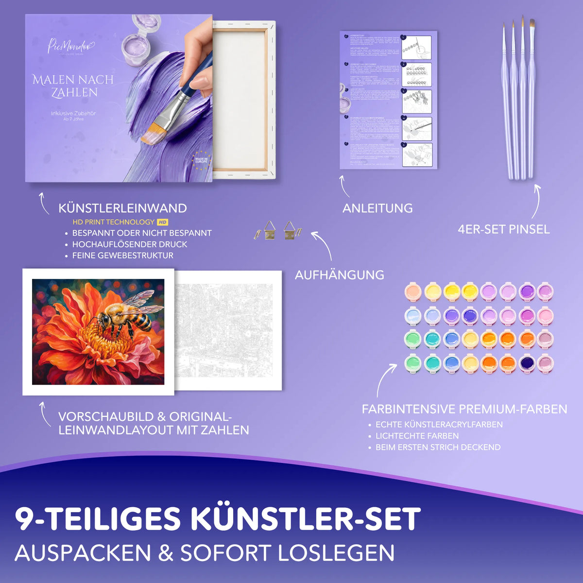 Picmondoo Malen nach Zahlen Set Goldsammlerin mit Leinwand, Acrylfarben und Pinseln für Erwachsene und kreative Einsteiger