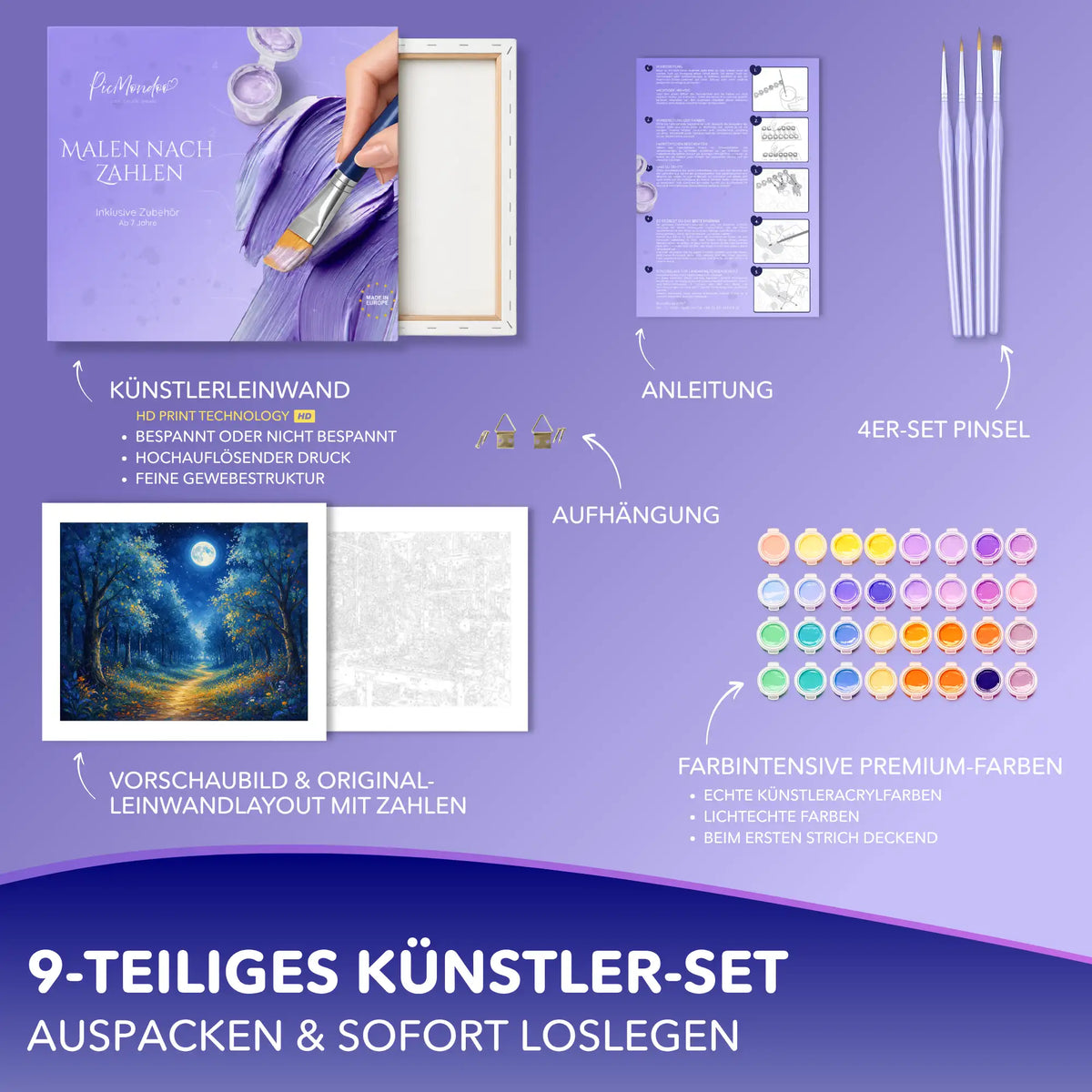 Malen nach Zahlen Set Nacht im Blaulicht mit Leinwand, Acrylfarben und Pinseln für kreative Erwachsene