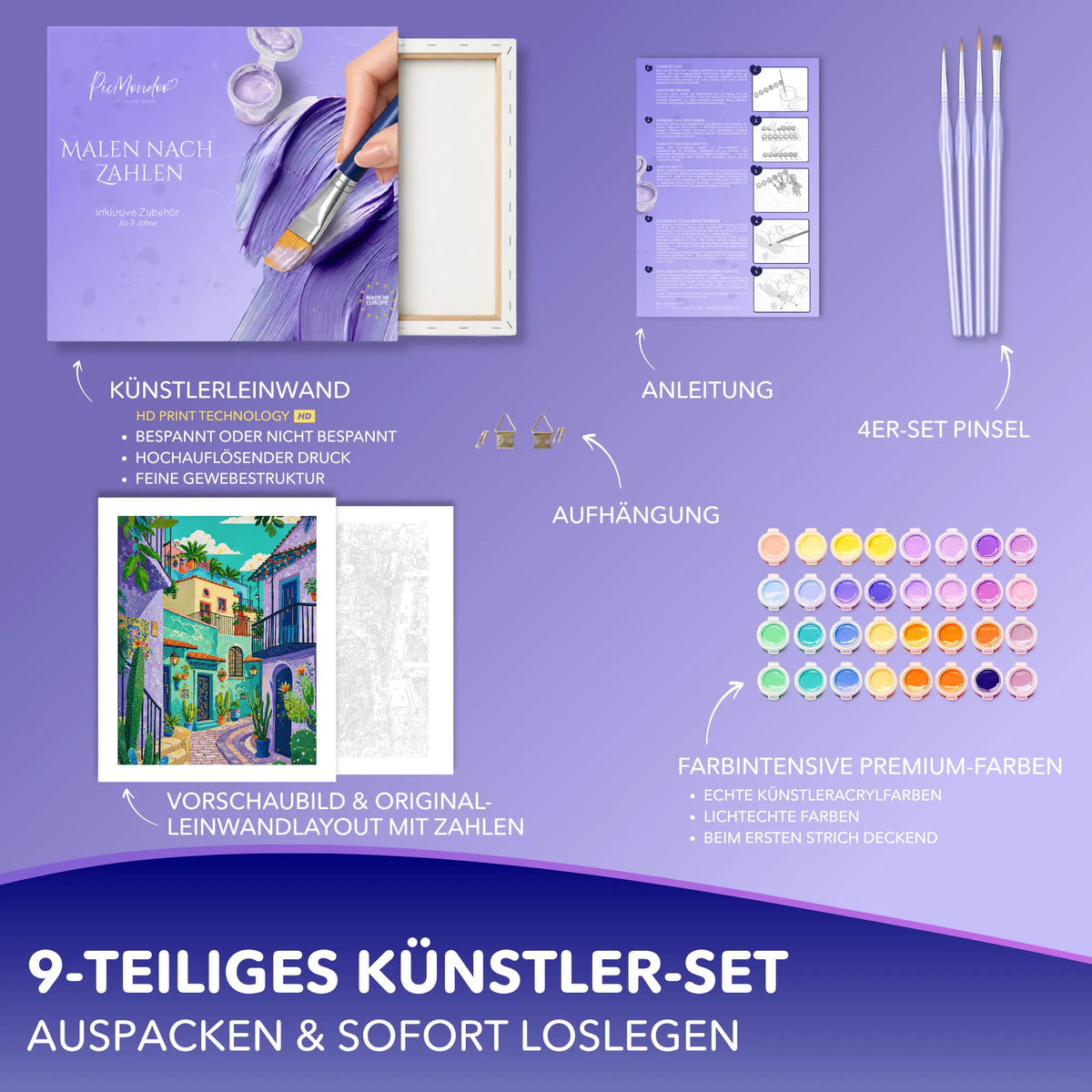 Picmondoo Malen nach Zahlen Set Farben des Südens mit Leinwand, Acrylfarben und Pinseln für Erwachsene