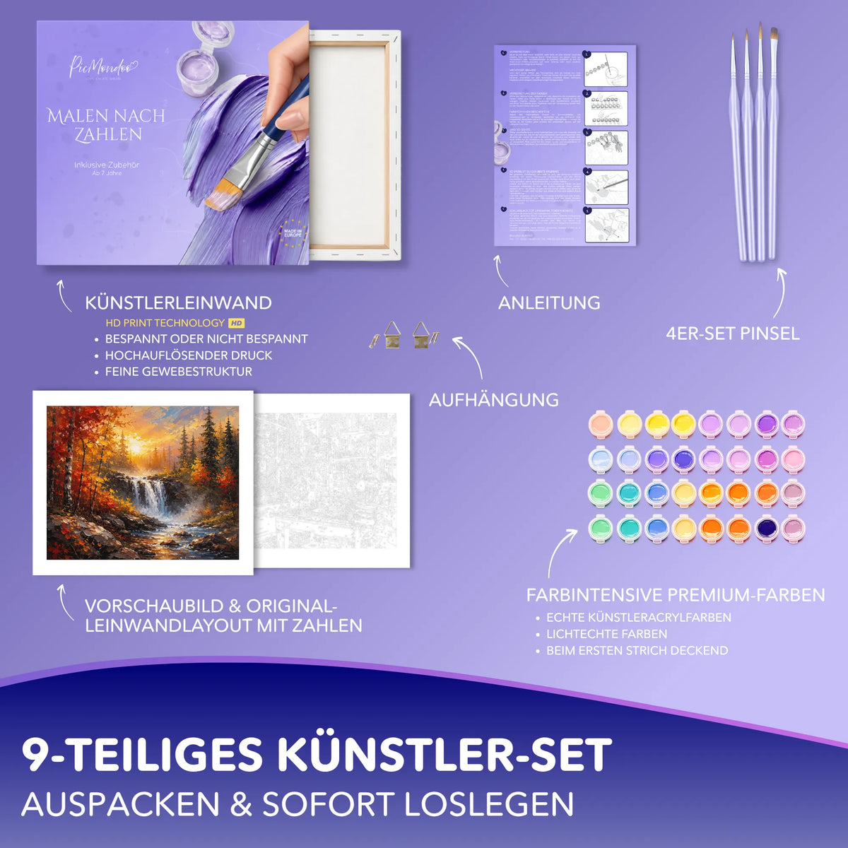 Malen nach Zahlen Set Herbstleuchten mit Leinwand, Pinsel und Acrylfarben für Erwachsene von Picmondoo